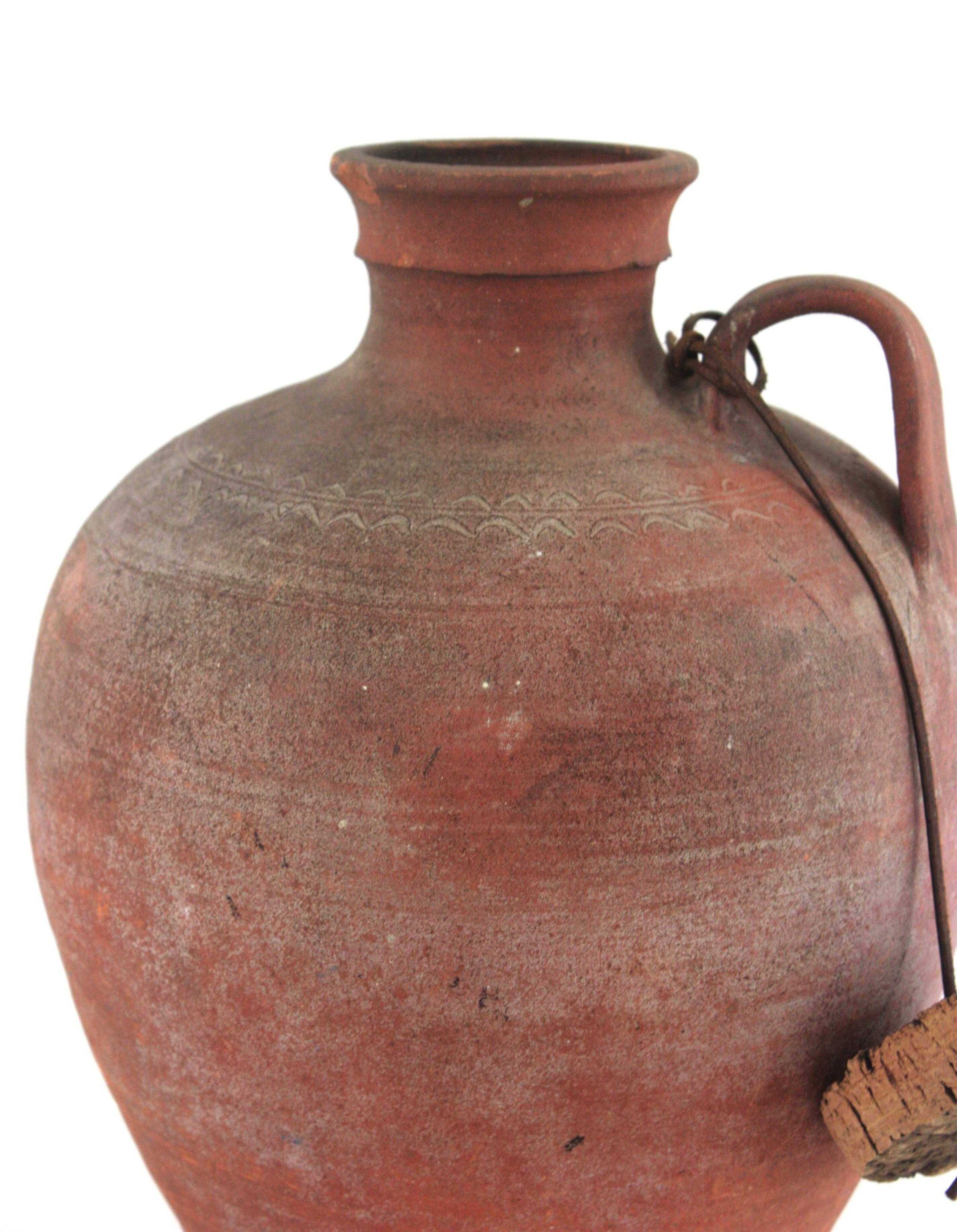 Hand-Crafted Spanish Terracotta Water Jar with Single Handle and Cork Plug For Sale