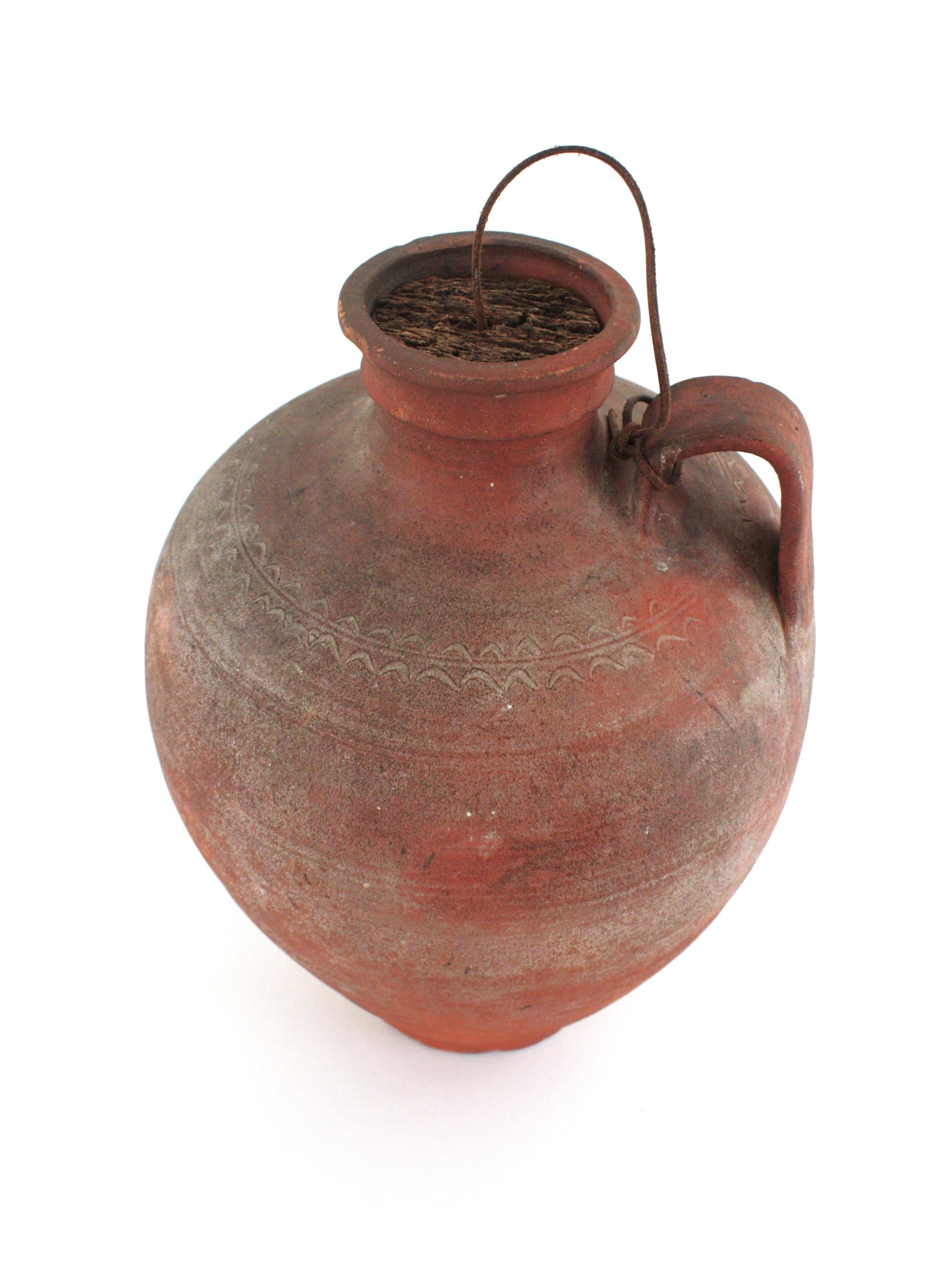 Earthenware Spanish Terracotta Water Jar with Single Handle and Cork Plug For Sale