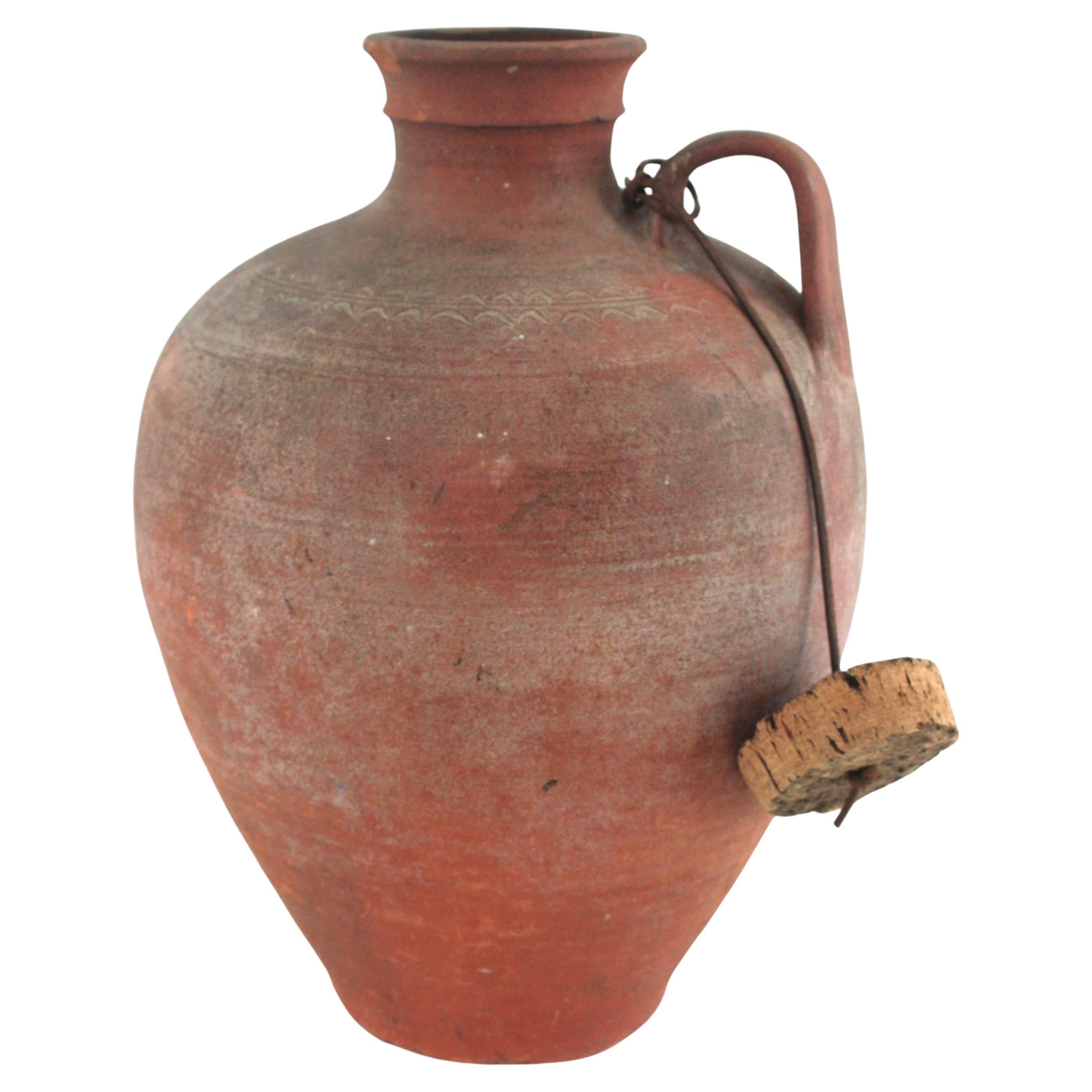 Spanish Terracotta Water Jar with Single Handle and Cork Plug For Sale