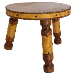 Spanish Three-Legged Stool or Plant Holder Pine, Studs & Rope, circa 1960