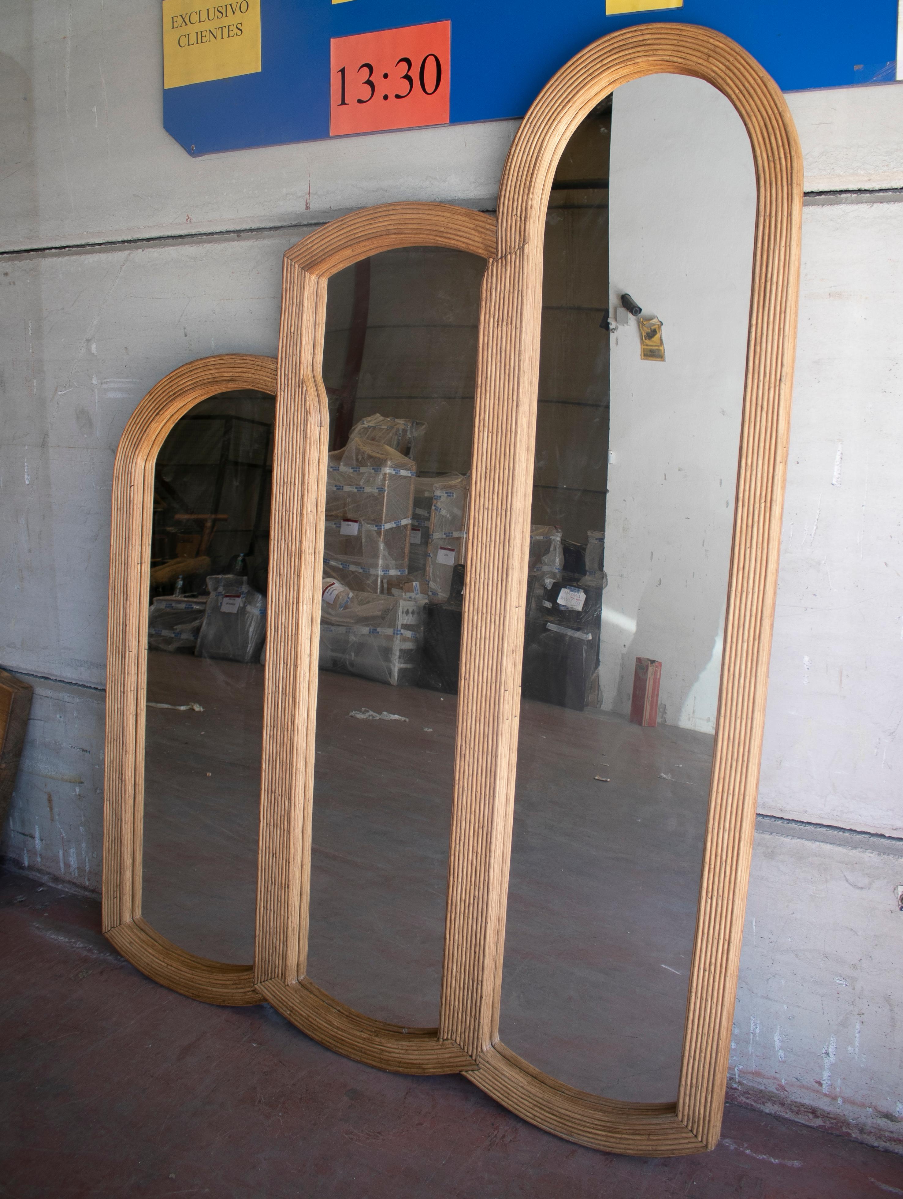 Spanish three panel hand made bamboo wall mirror.