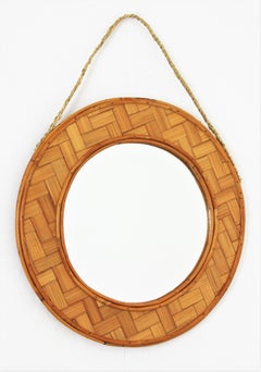 Spanish Rattan Bamboo Woven Circular Wall Mirror, 1960s