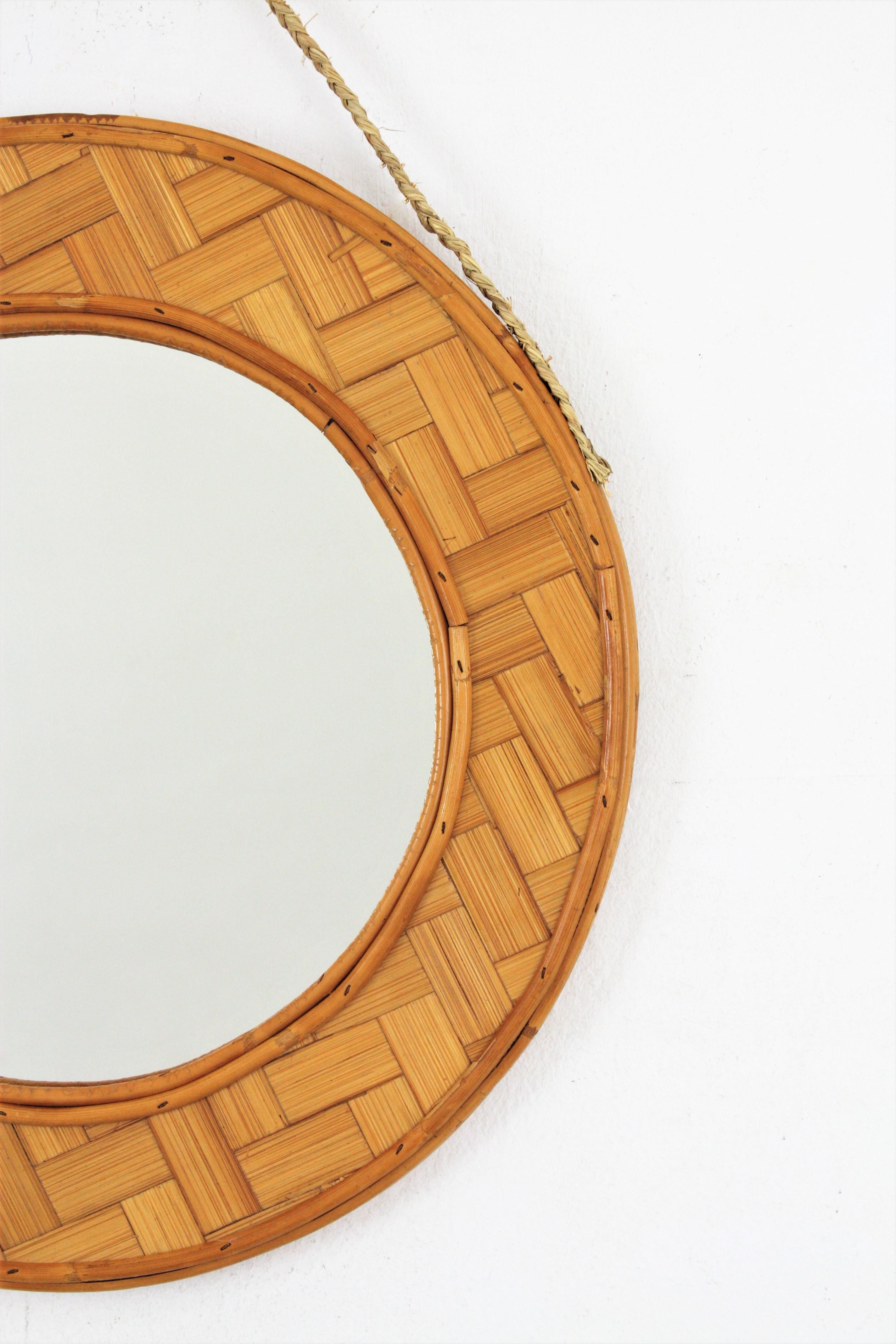 Mid-Century Modern Spanish Rattan Bamboo Woven Round Mirror For Sale