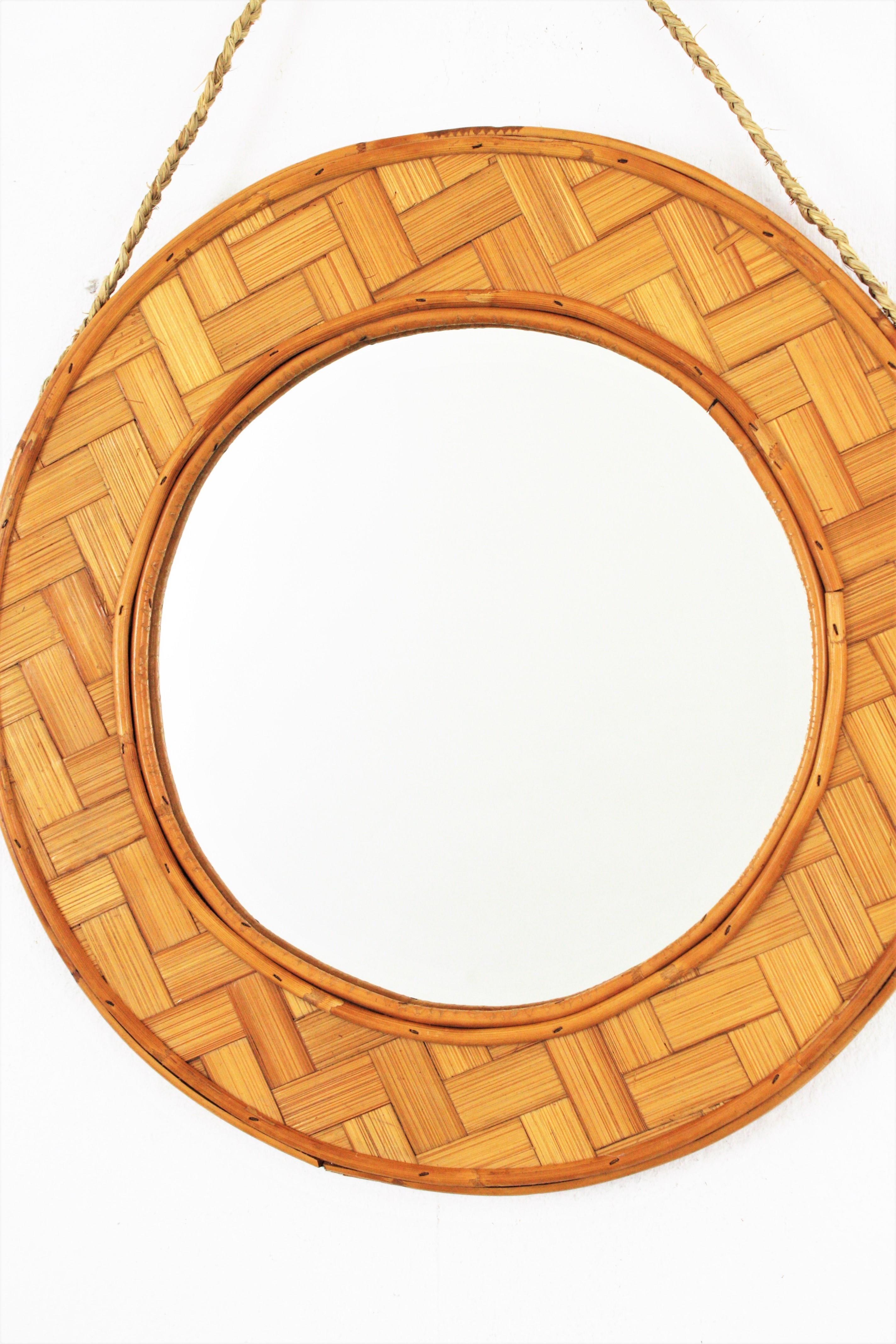 Hand-Crafted Spanish Rattan Bamboo Woven Round Mirror For Sale