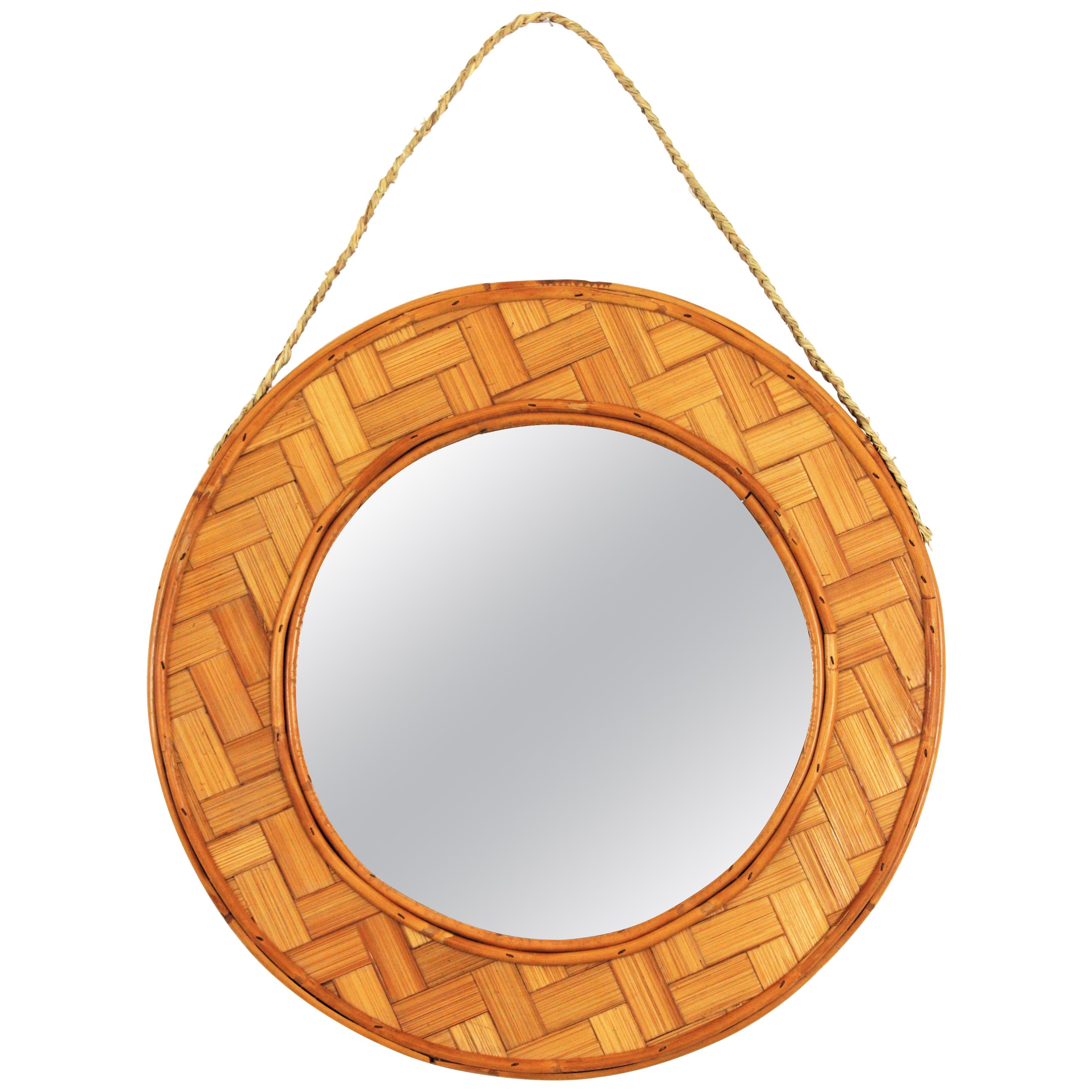 Rattan and Woven Bamboo Round Wall Mirror, 1960s