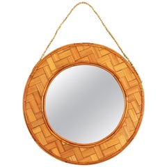 Miroir rond en bambou tissé, années 1960