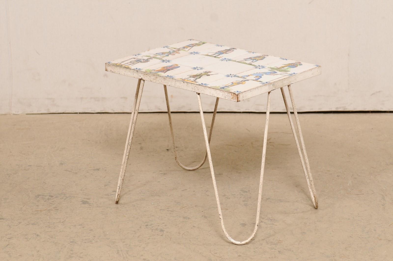 Spanish Tile Top Side Table-Artisan Painted in Military Figures & Floral Motif For Sale 5