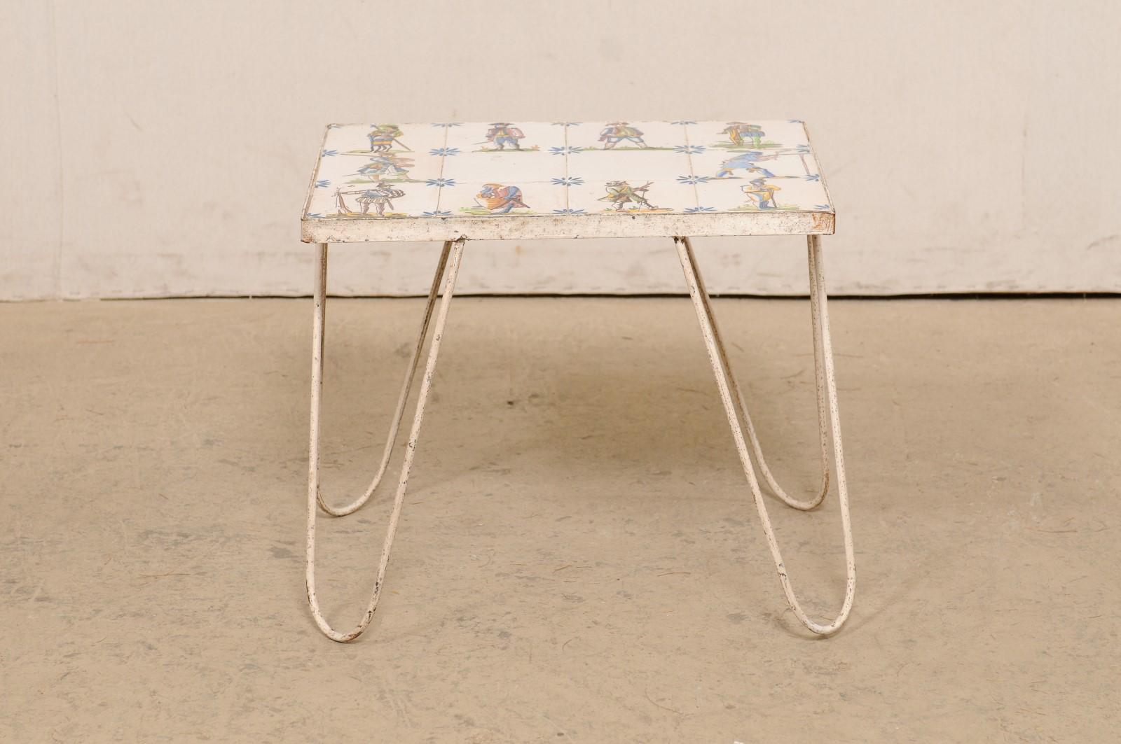 Metal Spanish Tile Top Side Table-Artisan Painted in Military Figures & Floral Motif For Sale