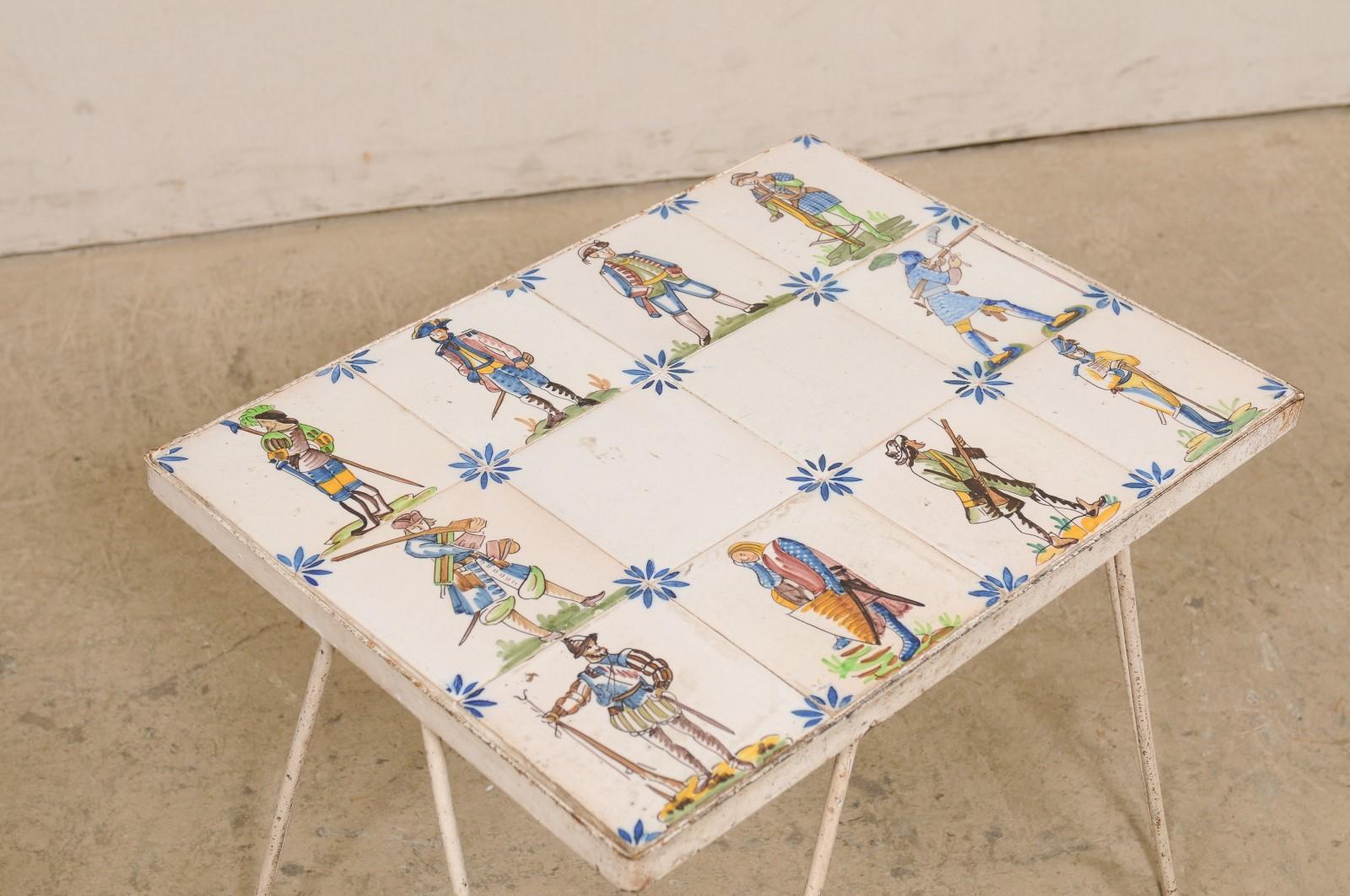 Spanish Tile Top Side Table-Artisan Painted in Military Figures & Floral Motif For Sale 1