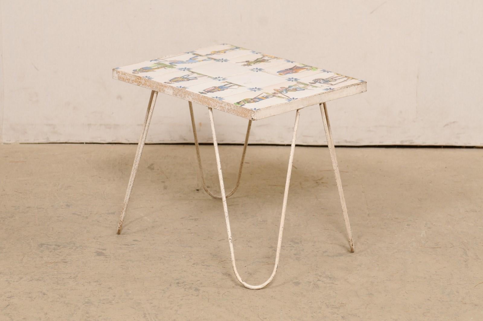 Spanish Tile Top Side Table-Artisan Painted in Military Figures & Floral Motif For Sale 2