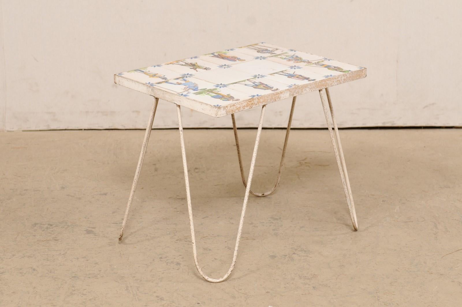 Spanish Tile Top Side Table-Artisan Painted in Military Figures & Floral Motif For Sale 3