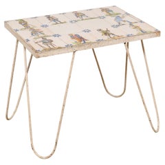 Spanish Tile Top Side Table-Artisan Painted in Military Figures & Floral Motif