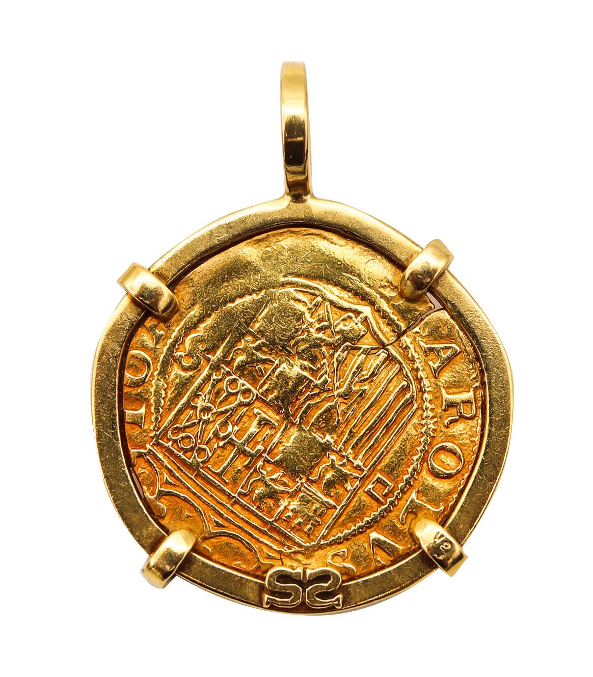 Spanish treasure gold coin pendant.

Beautiful Spanish gold coin of 1 escudo, mounted in a custom made frame crafted in solid 18 karats yellow gold with high polished finish. Fitted on top with a loop bail to wear in a chain or a charms