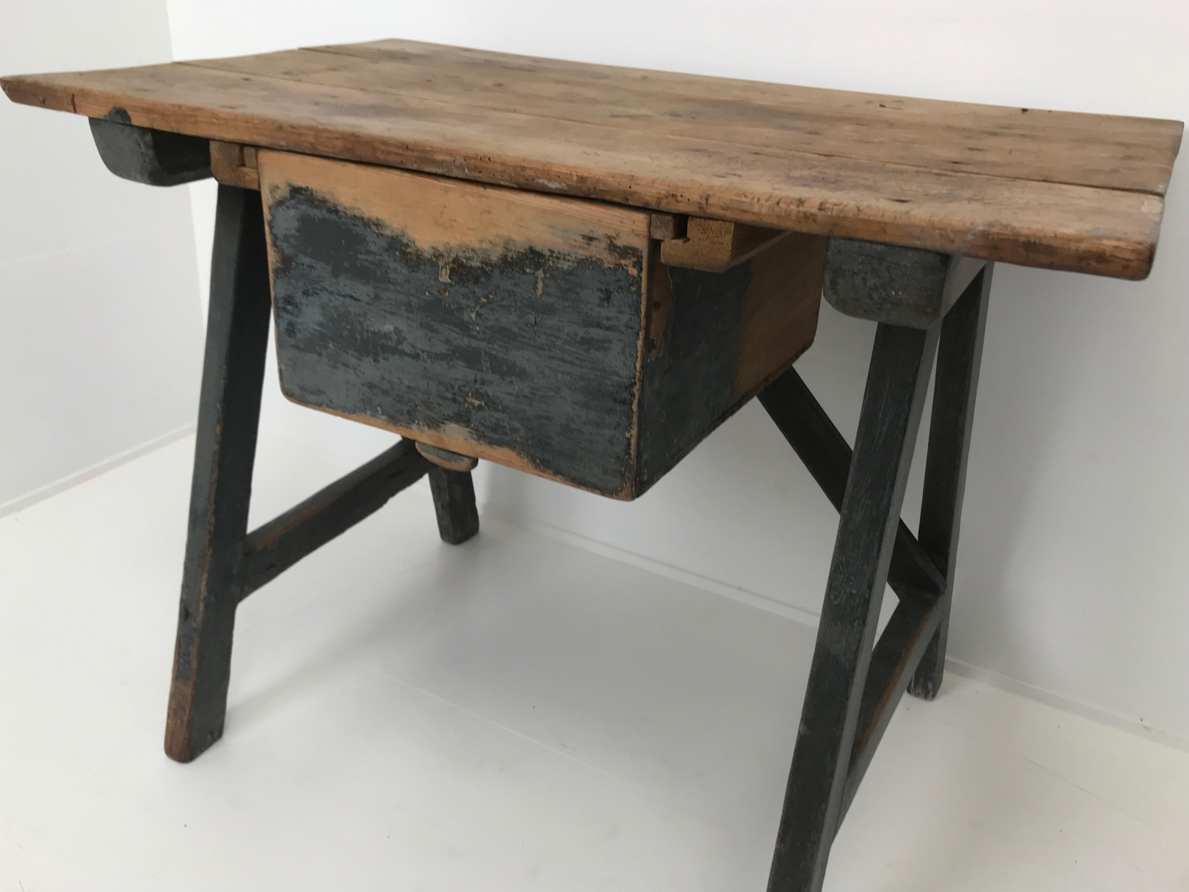 19th Century Brutalist Antique Patinated Spanish Trestle Table, 19 th Century