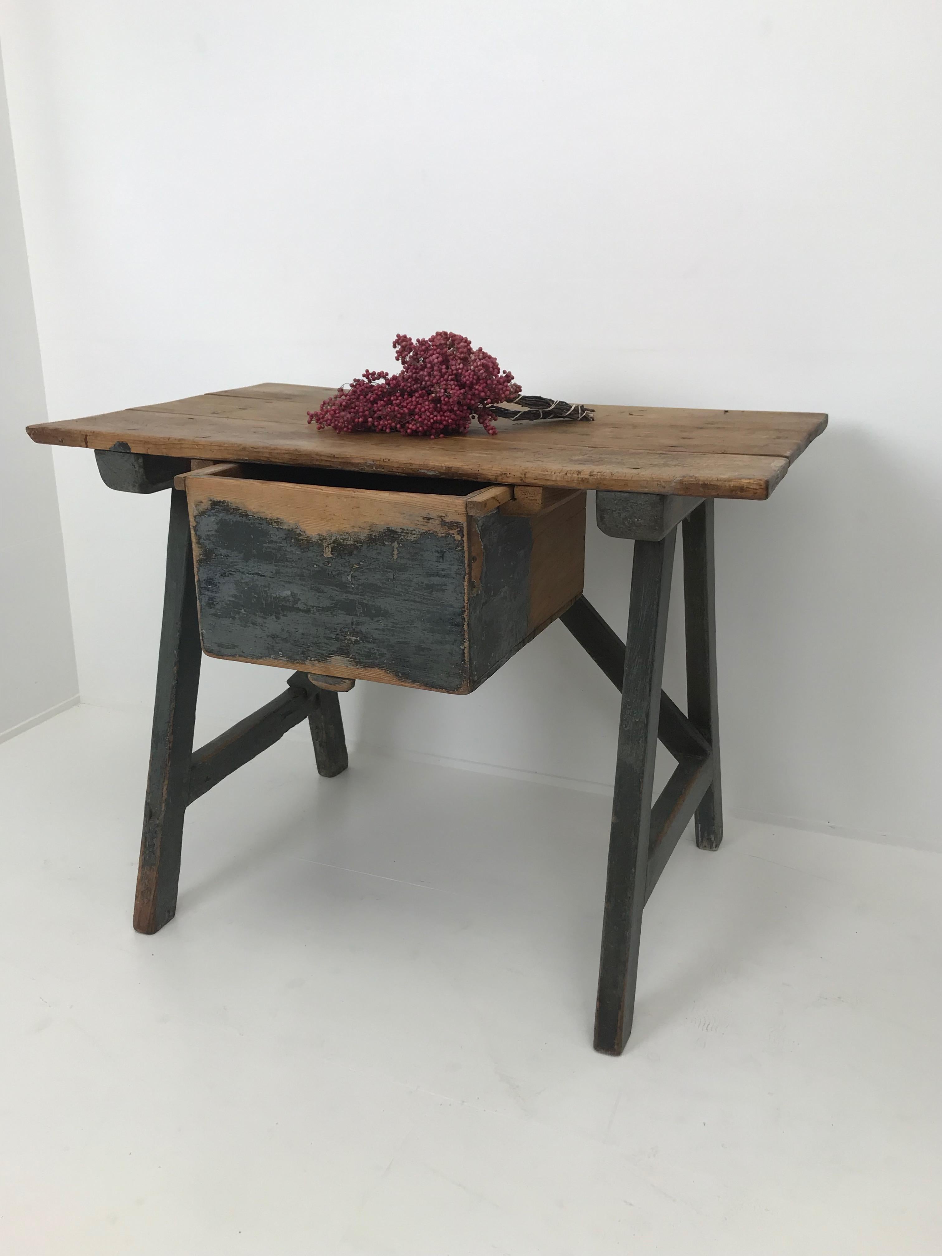 Chestnut Brutalist Antique Patinated Spanish Trestle Table, 19 th Century