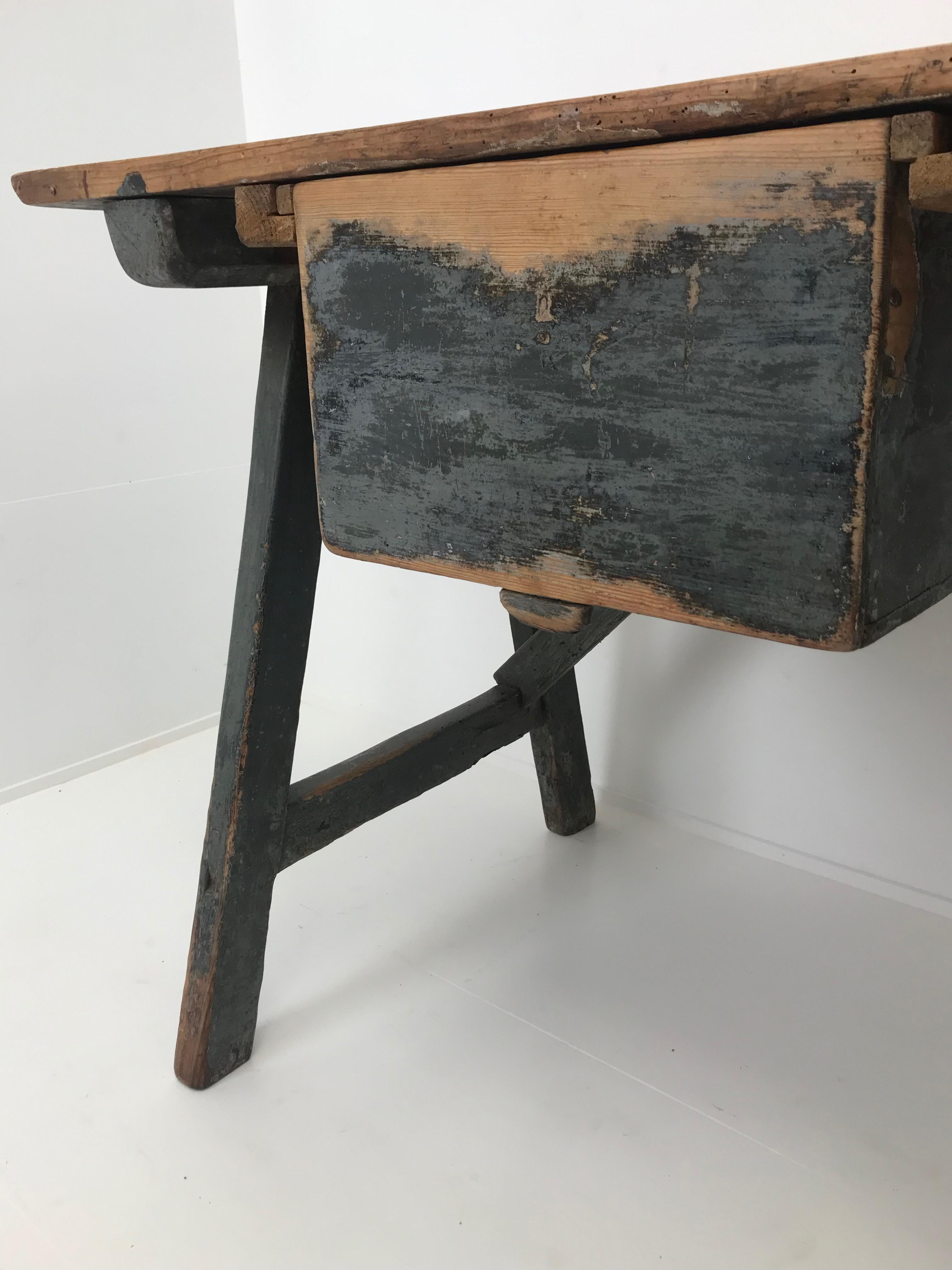 Brutalist Antique Patinated Spanish Trestle Table, 19 th Century 1