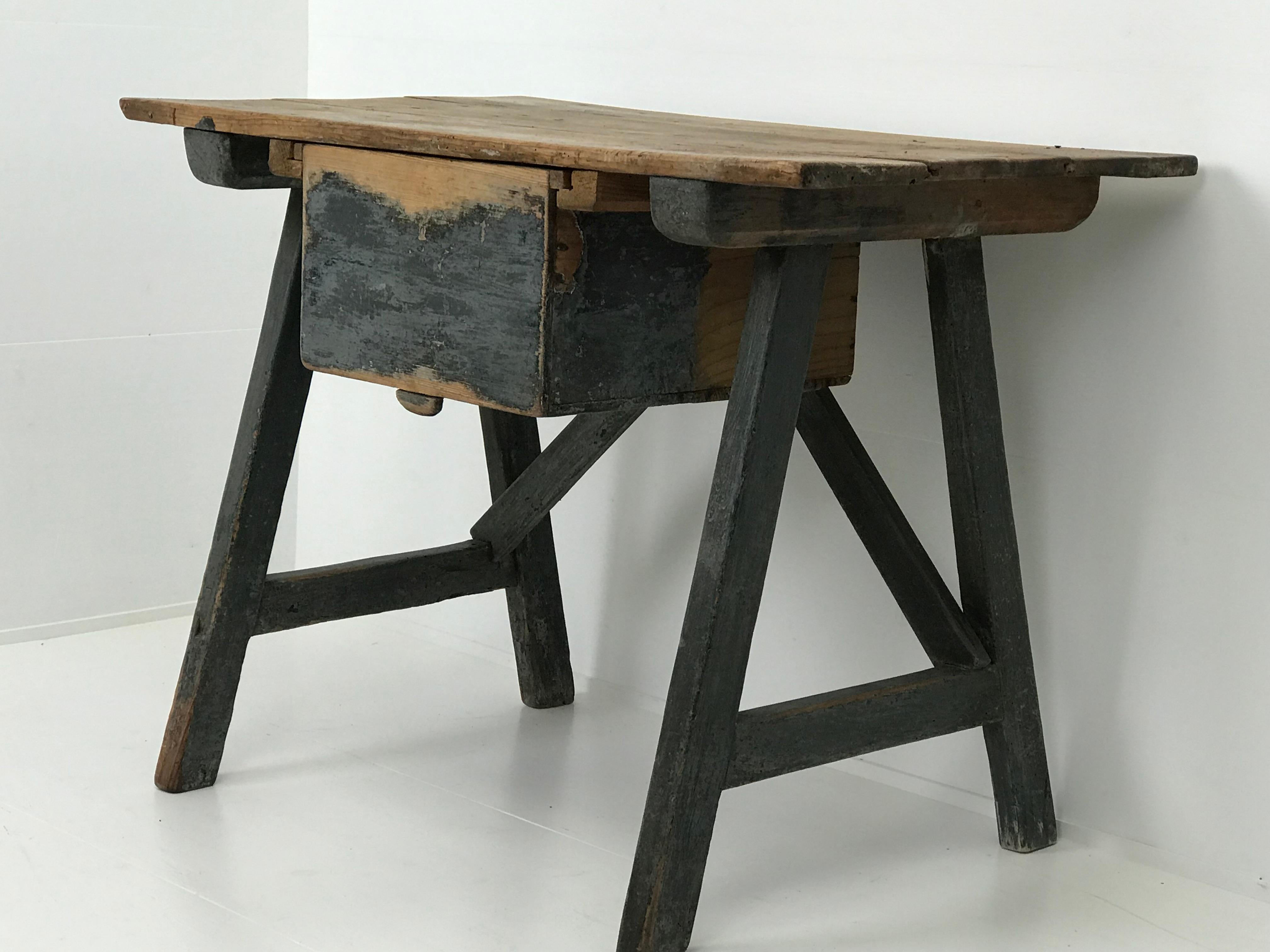 Brutalist Antique Patinated Spanish Trestle Table, 19 th Century 4