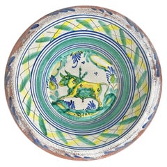 Spanish Triana Lebrillo with Bull Motif - Seville Ceramic Basin - 20th Century