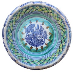 Spanish Triana White Green, Blue and Yellow Glazed Terracotta Lebrillo