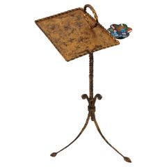 Spanish Tripod Drinks Table In Gilt Iron with Enamel Ashtray, 1940s