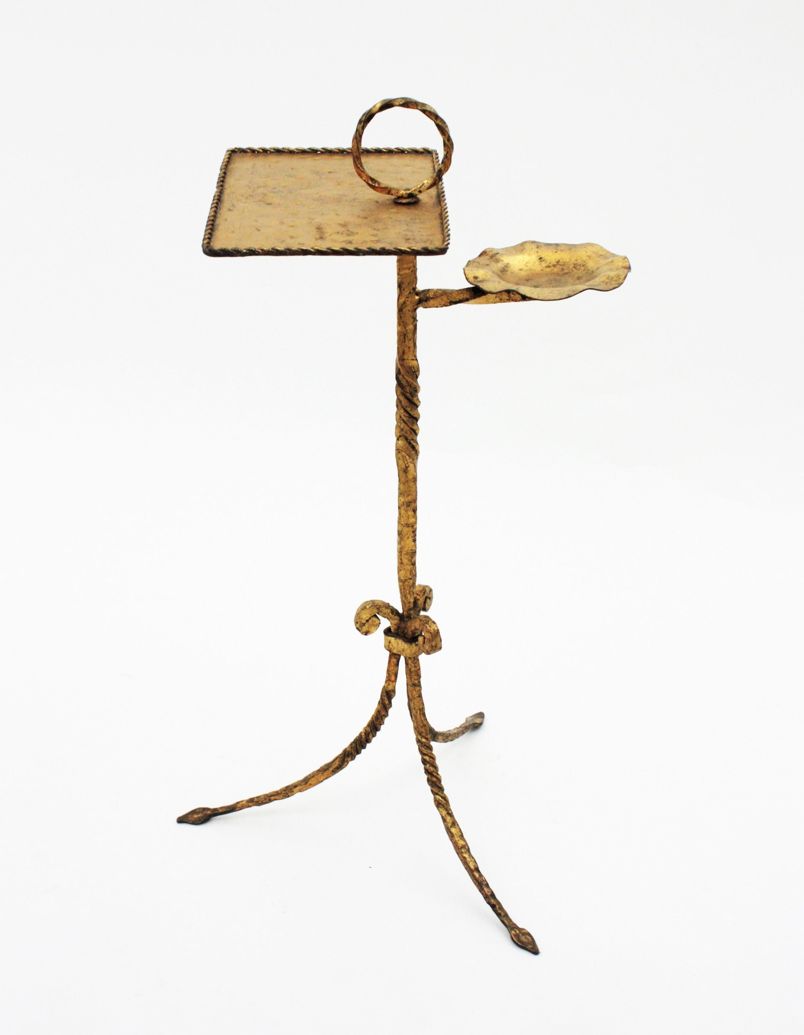 Spanish Tripod Drinks Table with Ashtray, Gilt Iron, 1940s For Sale 9