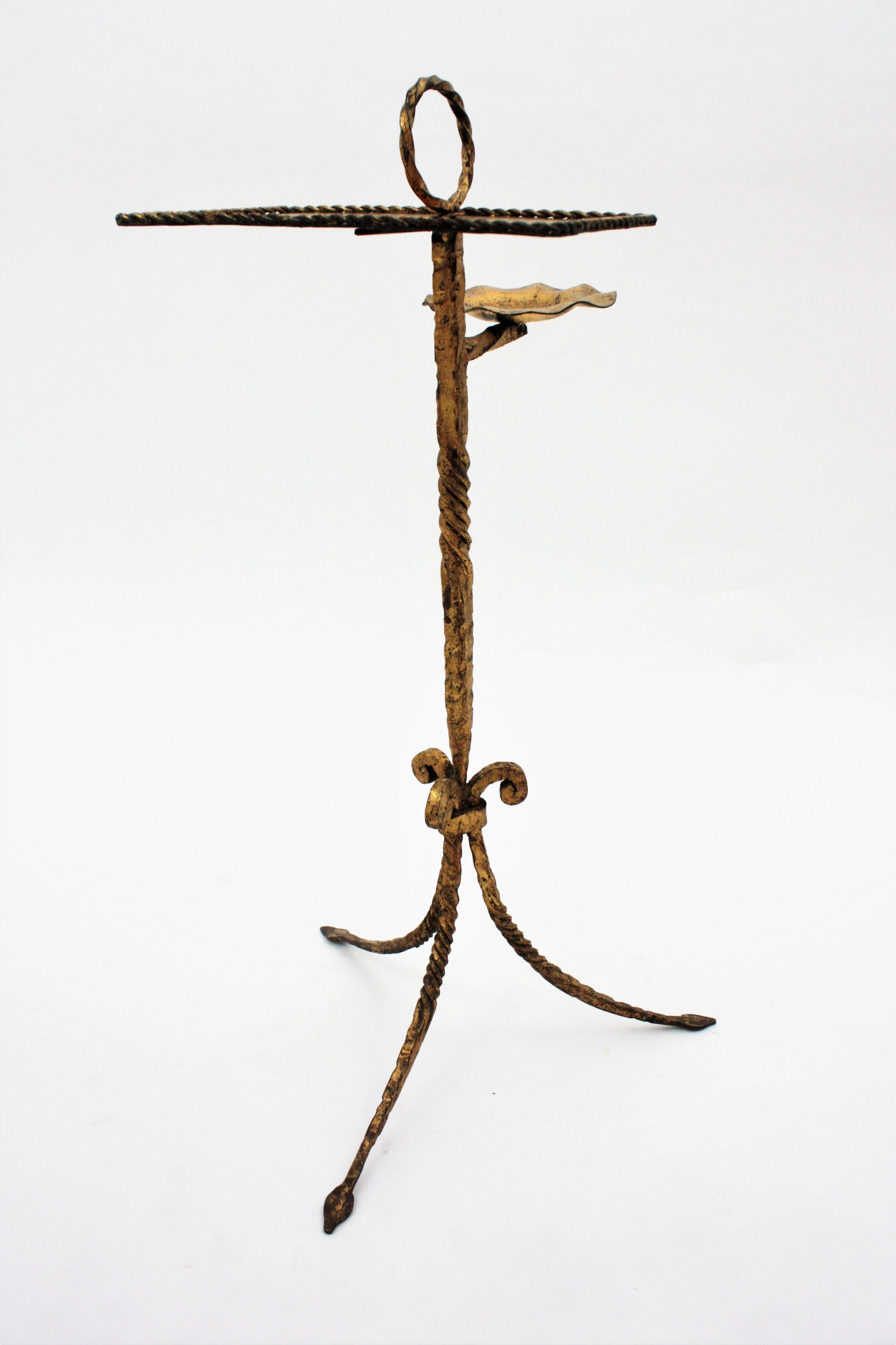 Spanish Tripod Drinks Table with Ashtray, Gilt Iron, 1940s For Sale 11