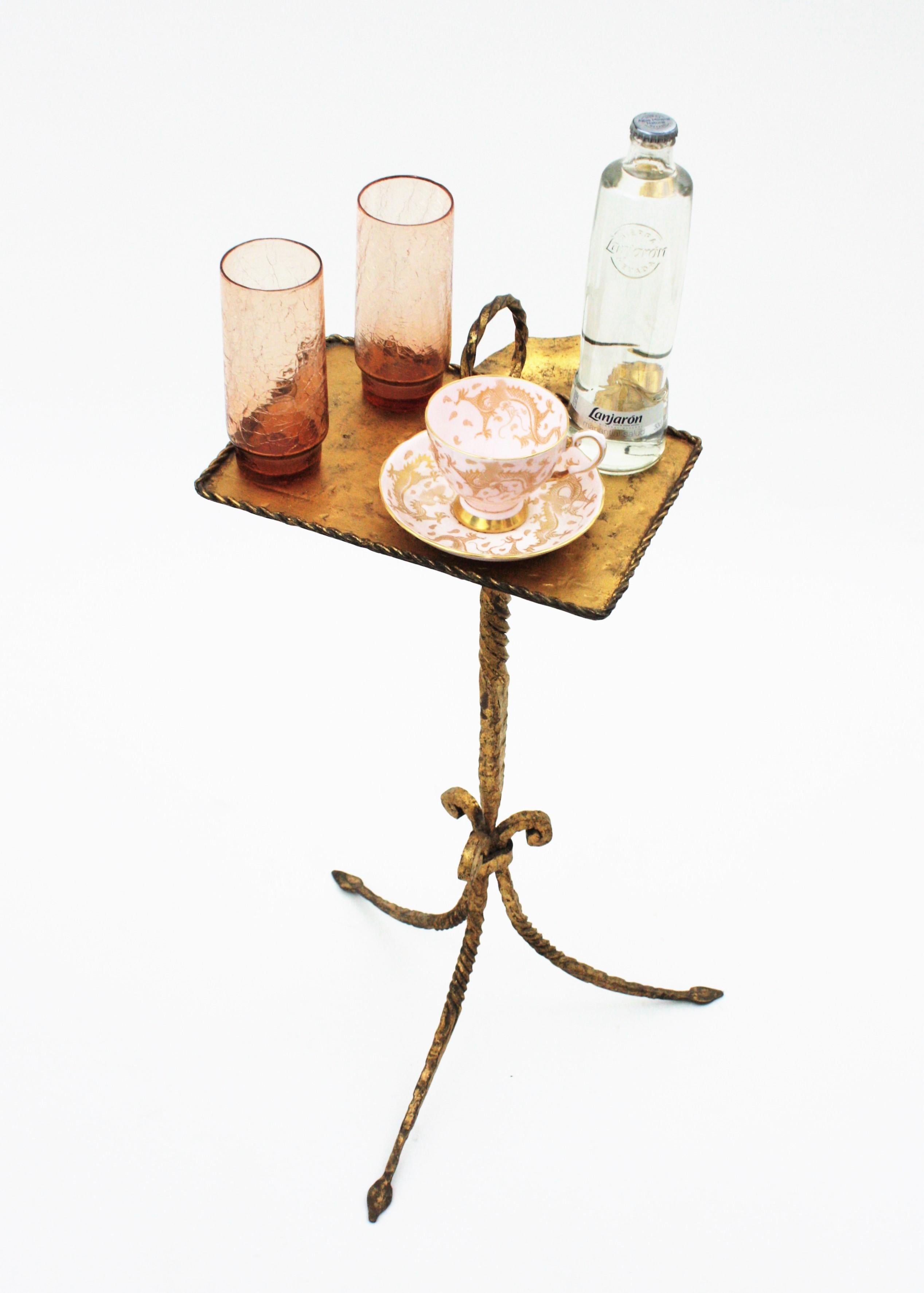 Hollywood Regency Spanish Tripod Drinks Table with Ashtray, Gilt Iron, 1940s For Sale