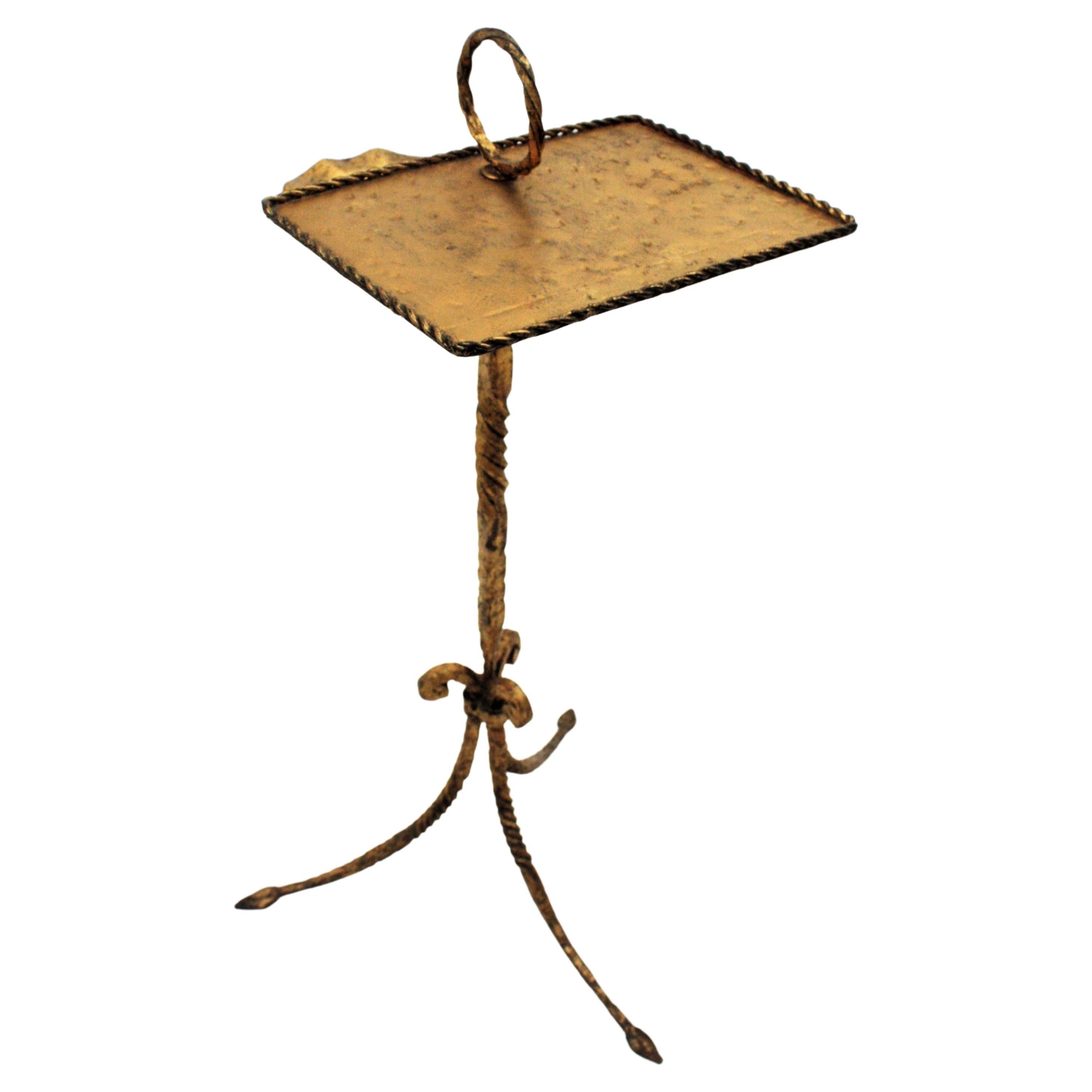 Hammered Spanish Tripod Drinks Table with Ashtray, Gilt Iron, 1940s For Sale
