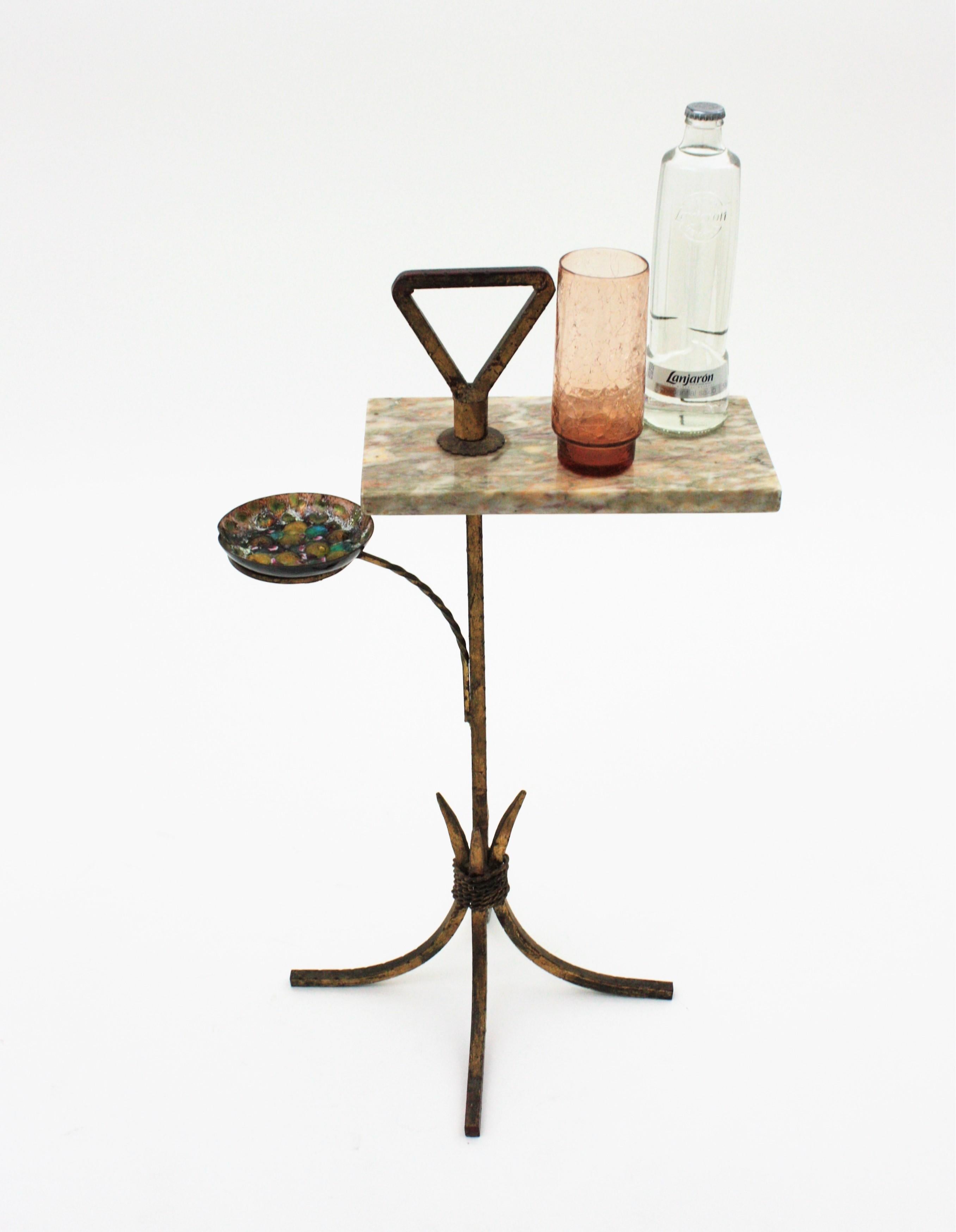 Spanish Tripod Drinks Table with Ashtray in Gilt Iron and Marble, 1950s 3