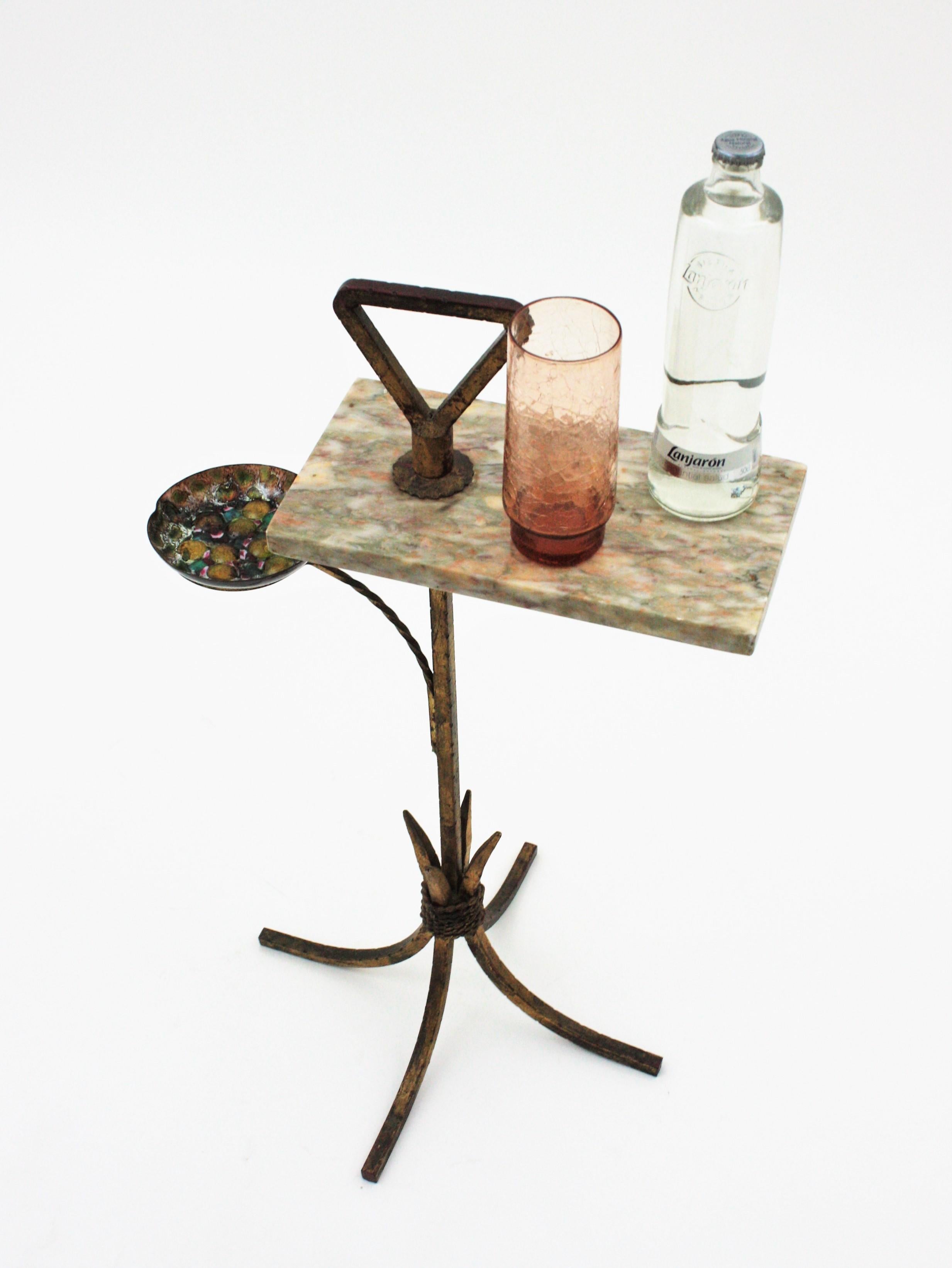 Spanish Tripod Drinks Table with Ashtray in Gilt Iron and Marble, 1950s 4