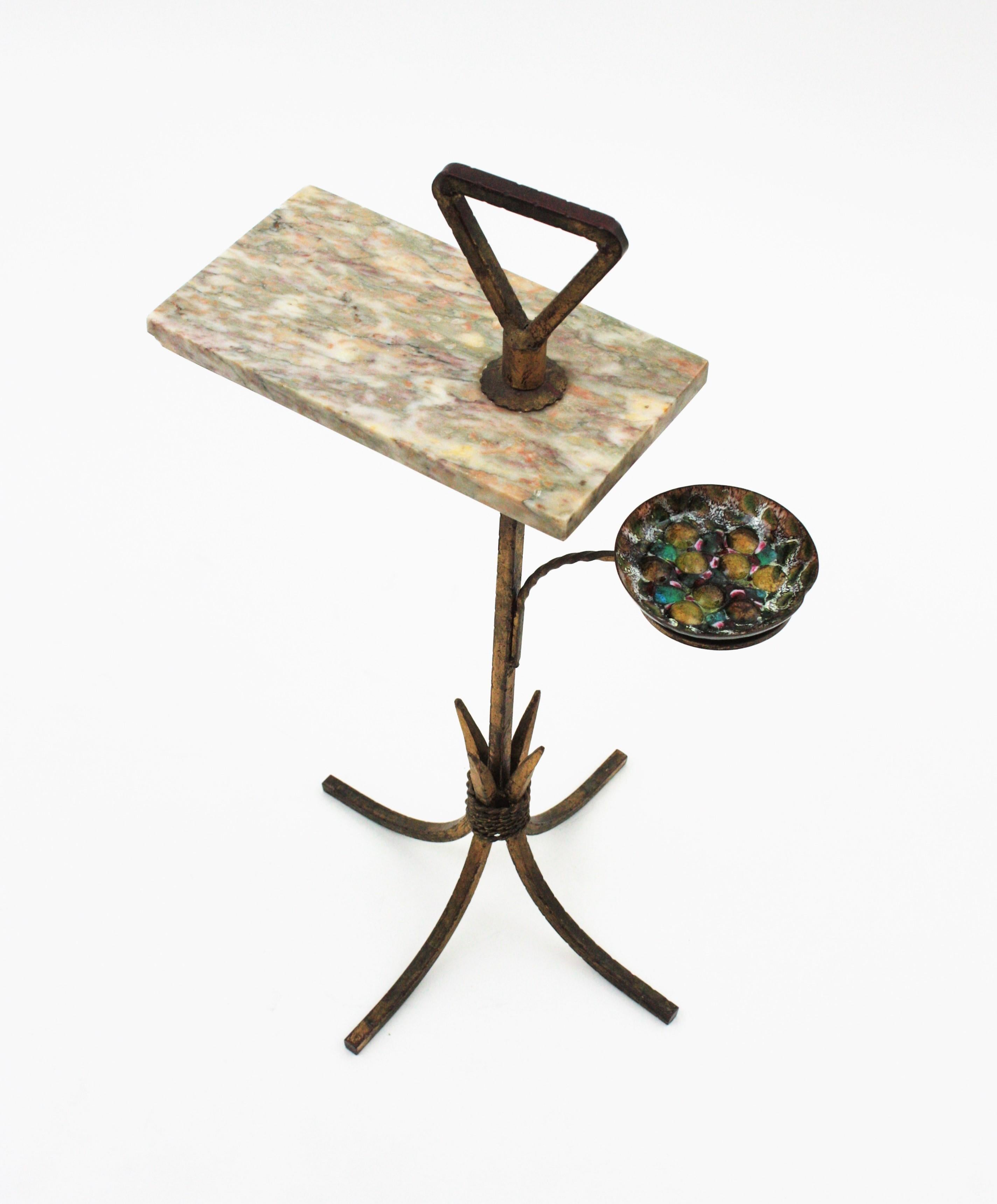 Spanish Tripod Drinks Table with Ashtray in Gilt Iron and Marble, 1950s 5