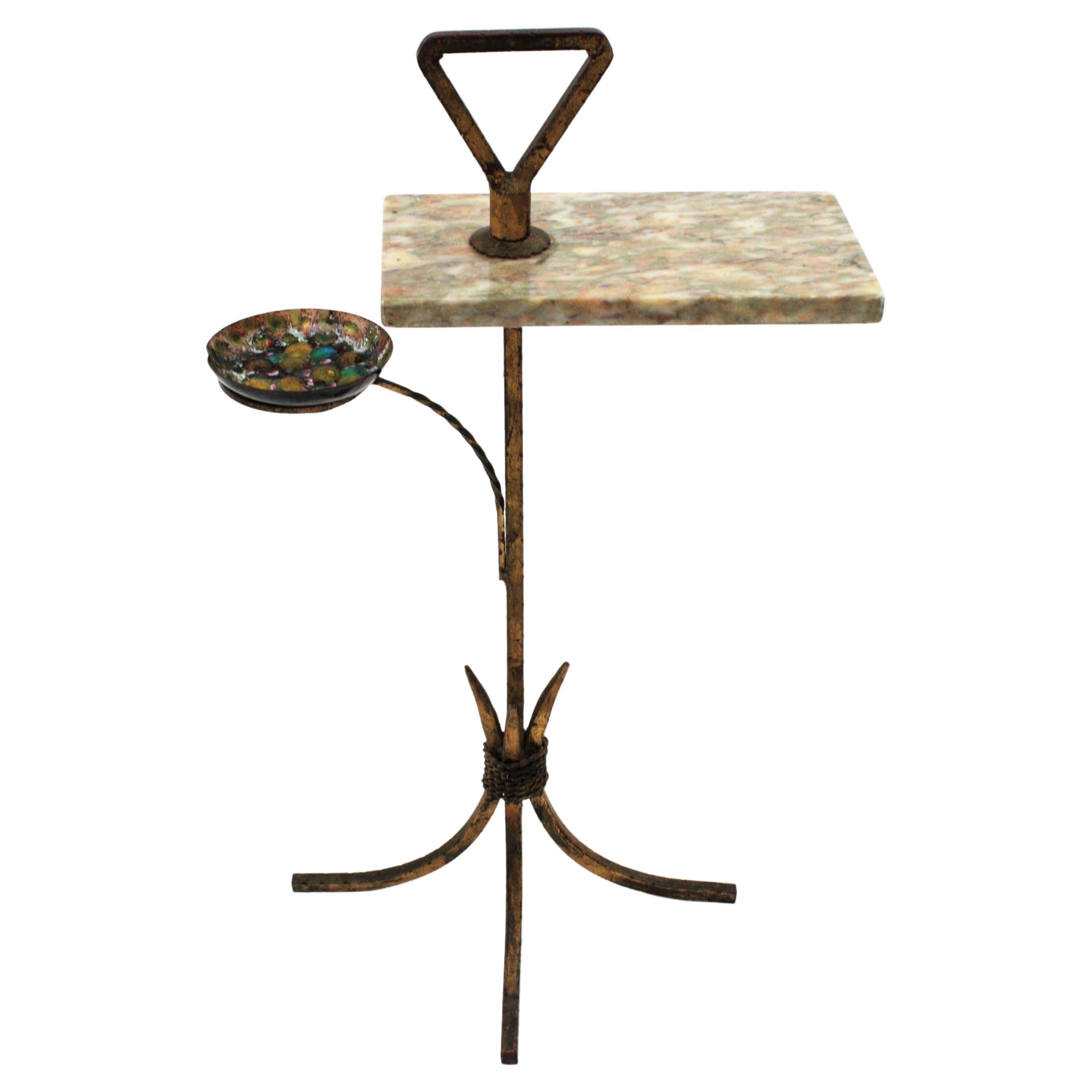 Hollywood Regency Spanish Tripod Drinks Table with Ashtray in Gilt Iron and Marble, 1950s