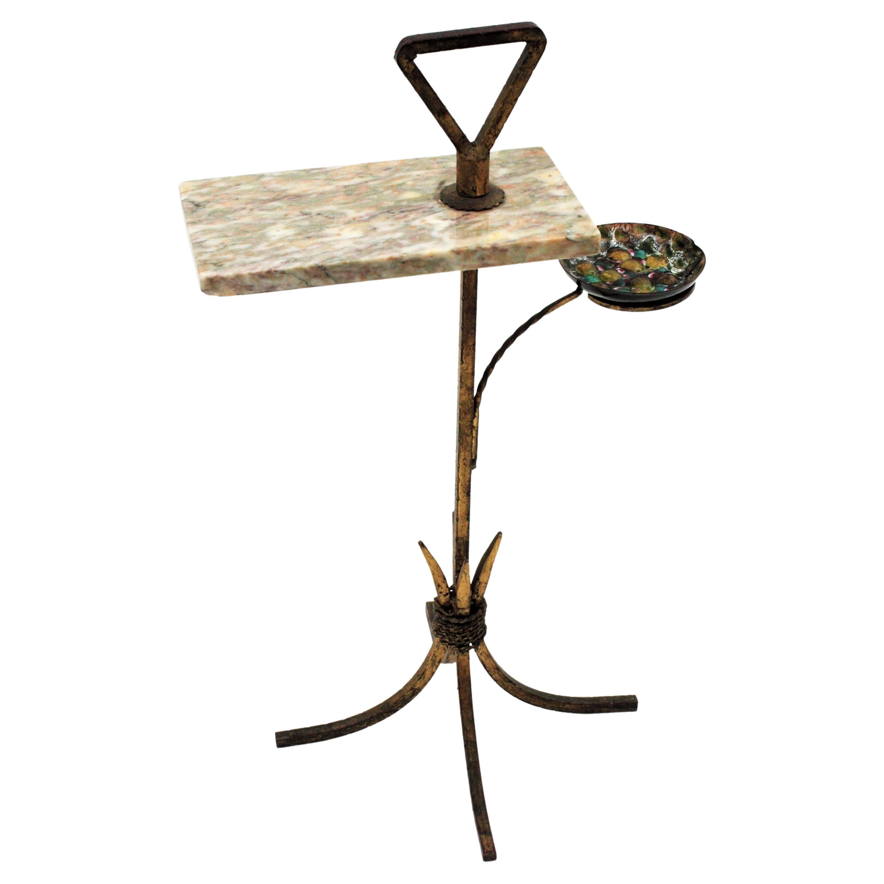 Forged Spanish Tripod Drinks Table with Ashtray in Gilt Iron and Marble, 1950s