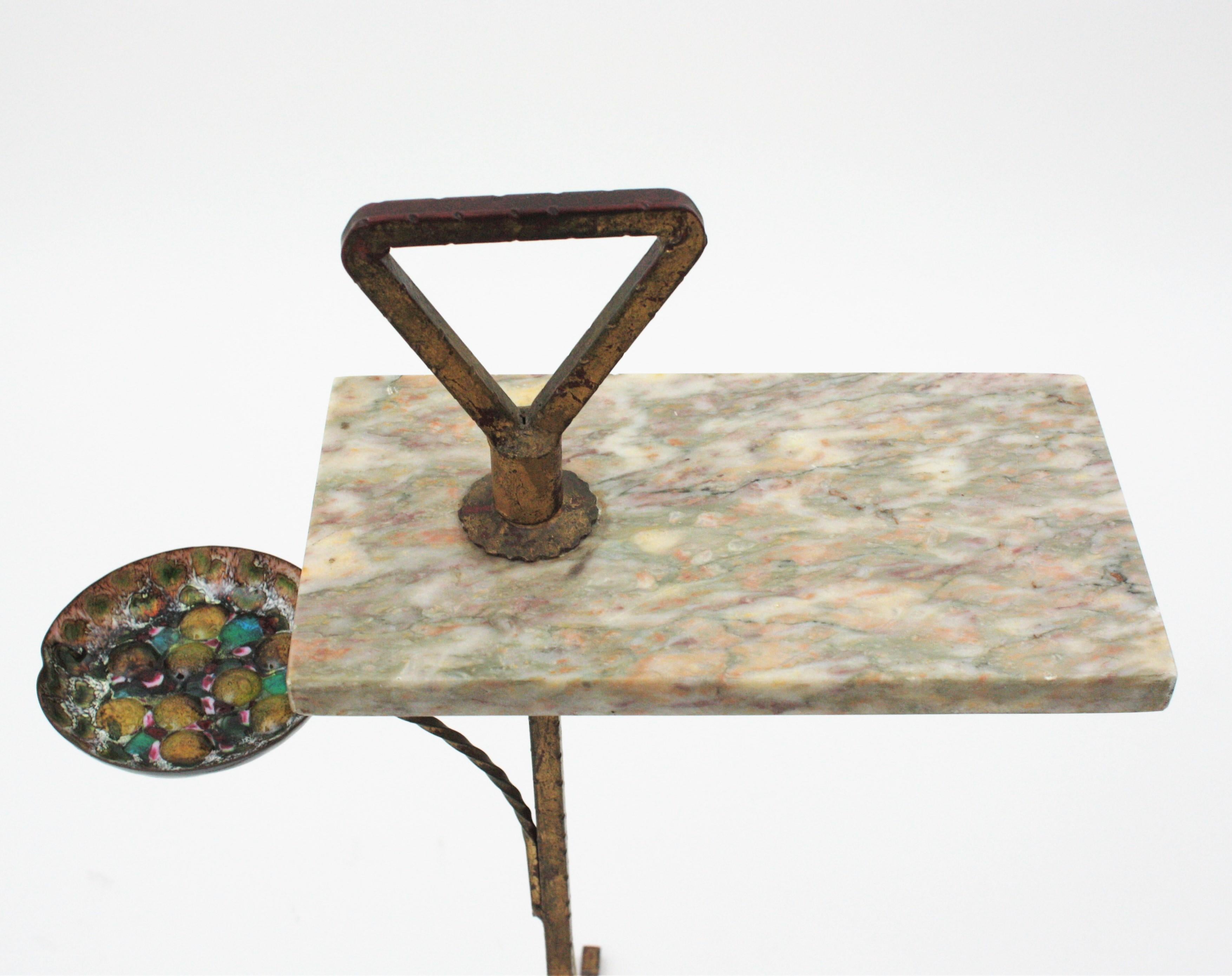 20th Century Spanish Tripod Drinks Table with Ashtray in Gilt Iron and Marble, 1950s