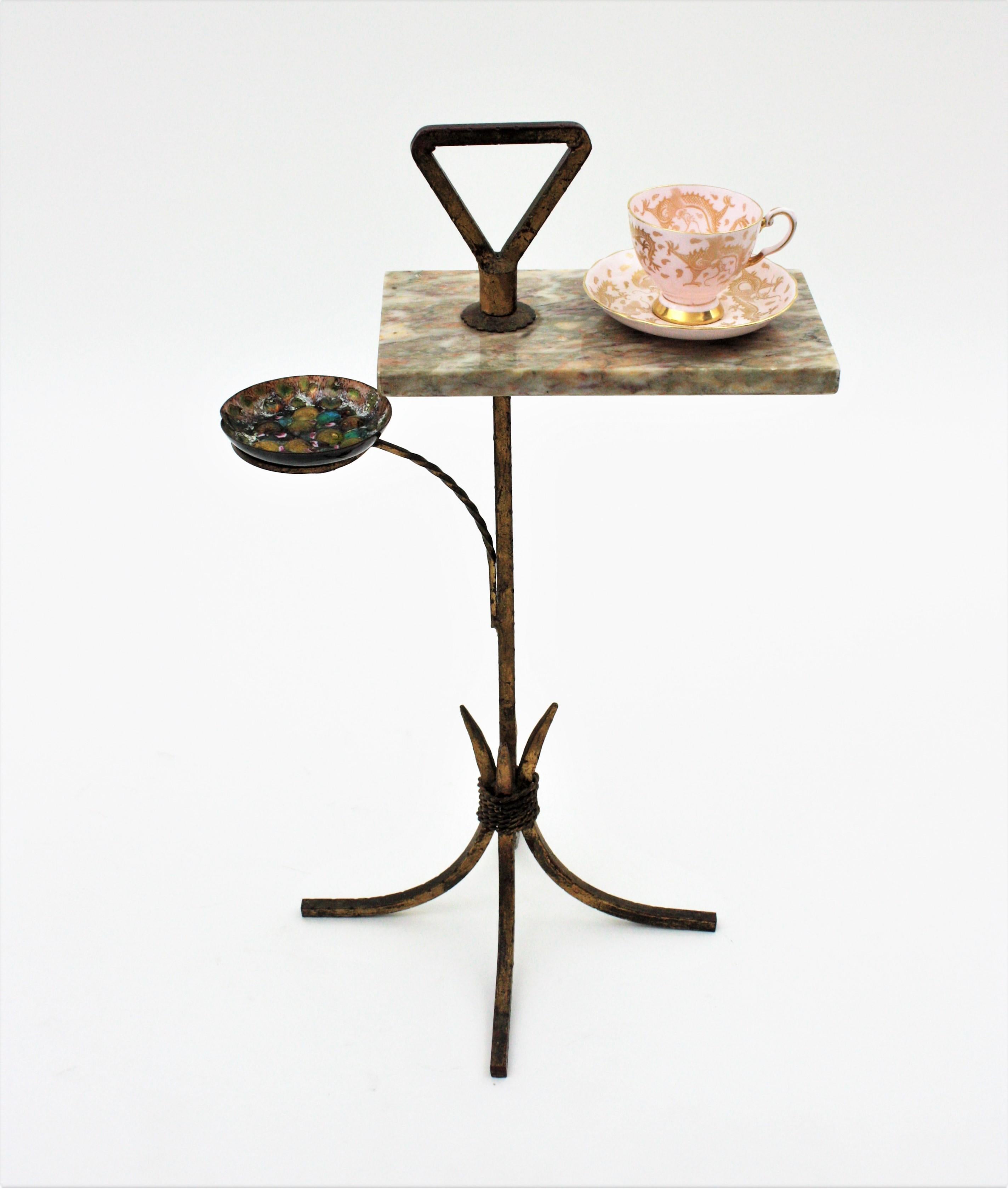 Spanish Tripod Drinks Table with Ashtray in Gilt Iron and Marble, 1950s 1