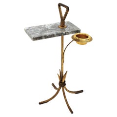 Vintage Spanish Tripod Drinks Table with Ashtray in Gilt Iron and Marble, 1950s