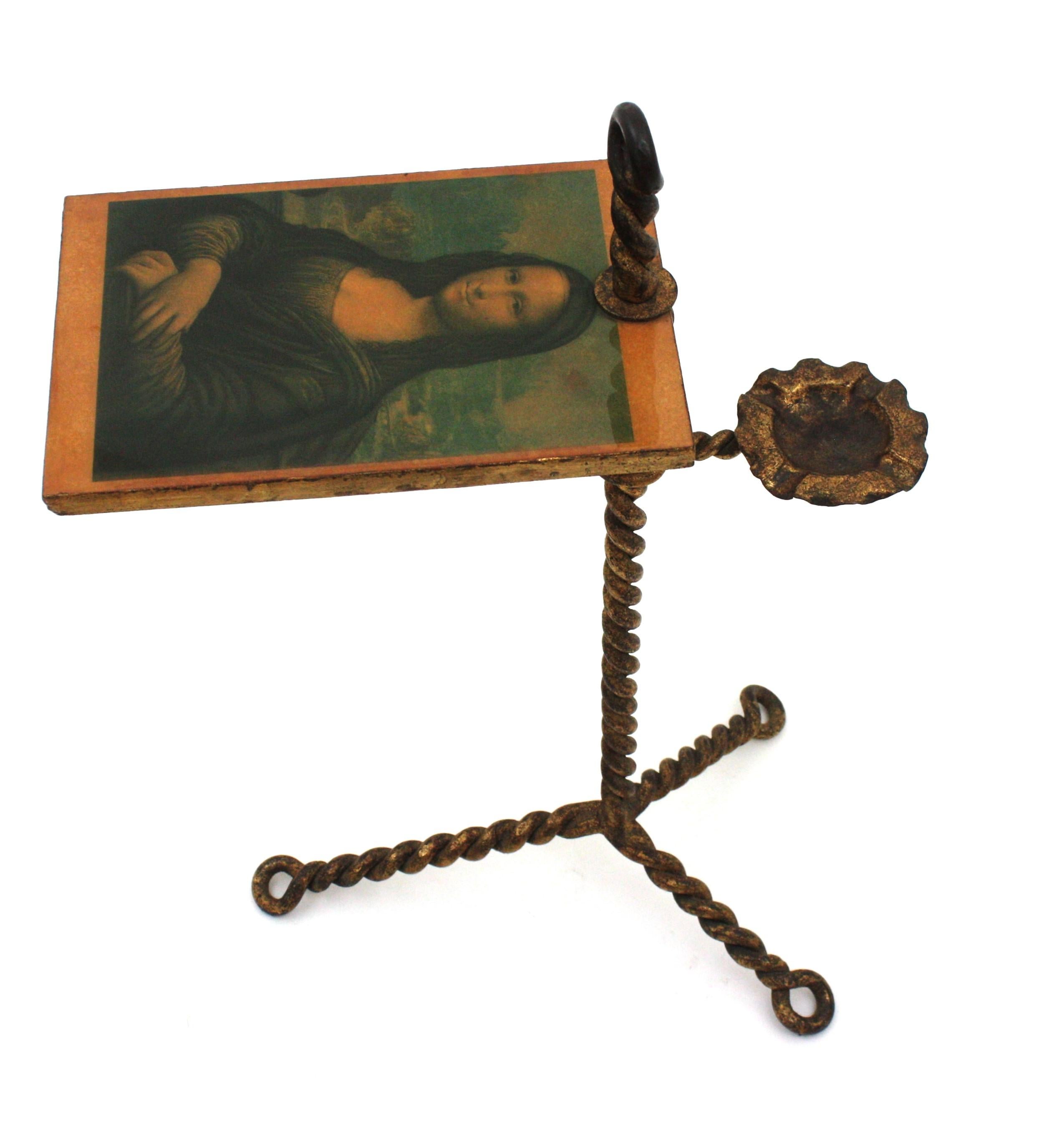 Spanish Tripod Drinks Table with Ashtray, Twisting Hand Forged Gilt Iron, 1940s For Sale 4
