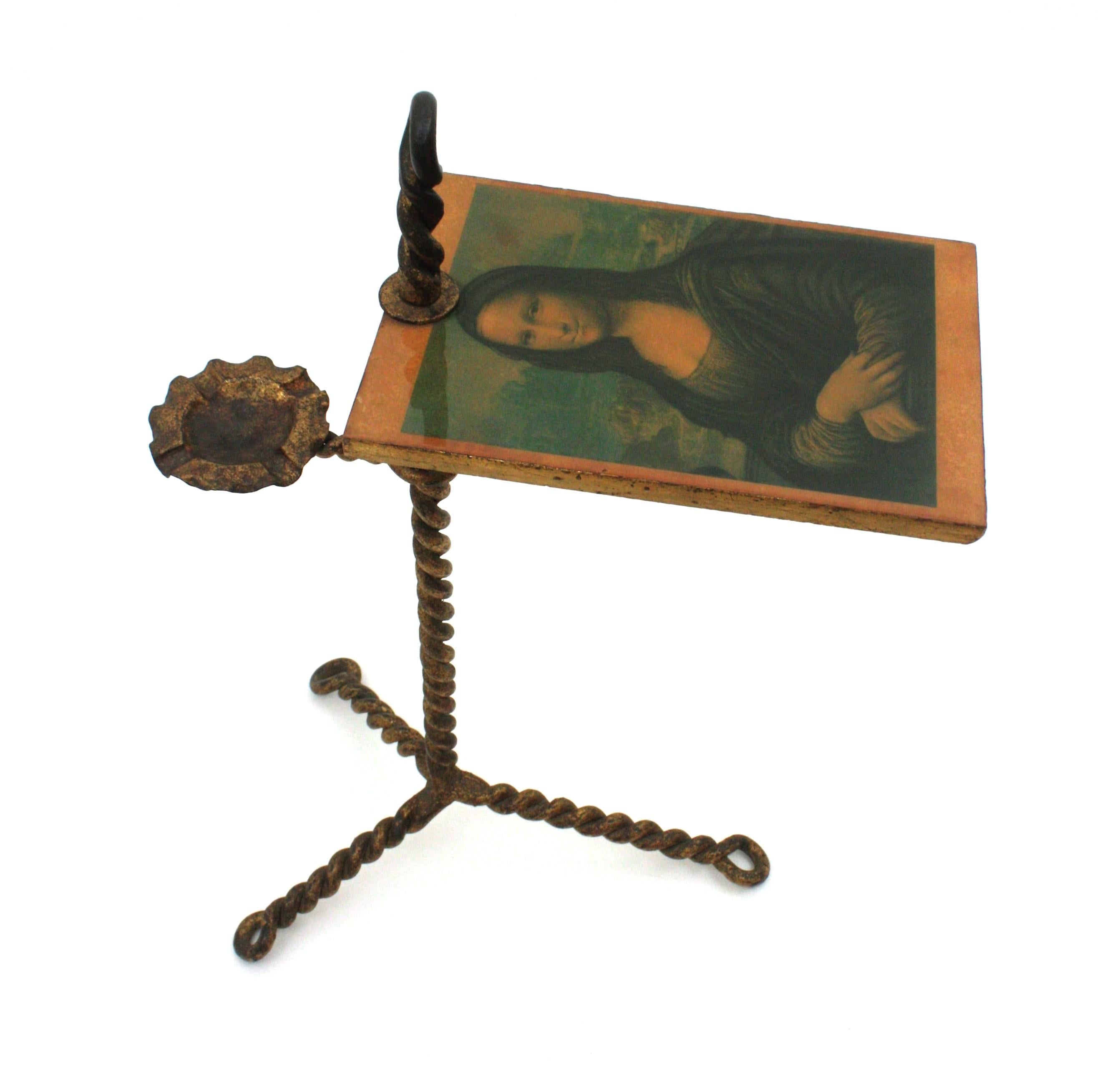 Spanish Tripod Drinks Table with Ashtray, Twisting Hand Forged Gilt Iron, 1940s For Sale 6