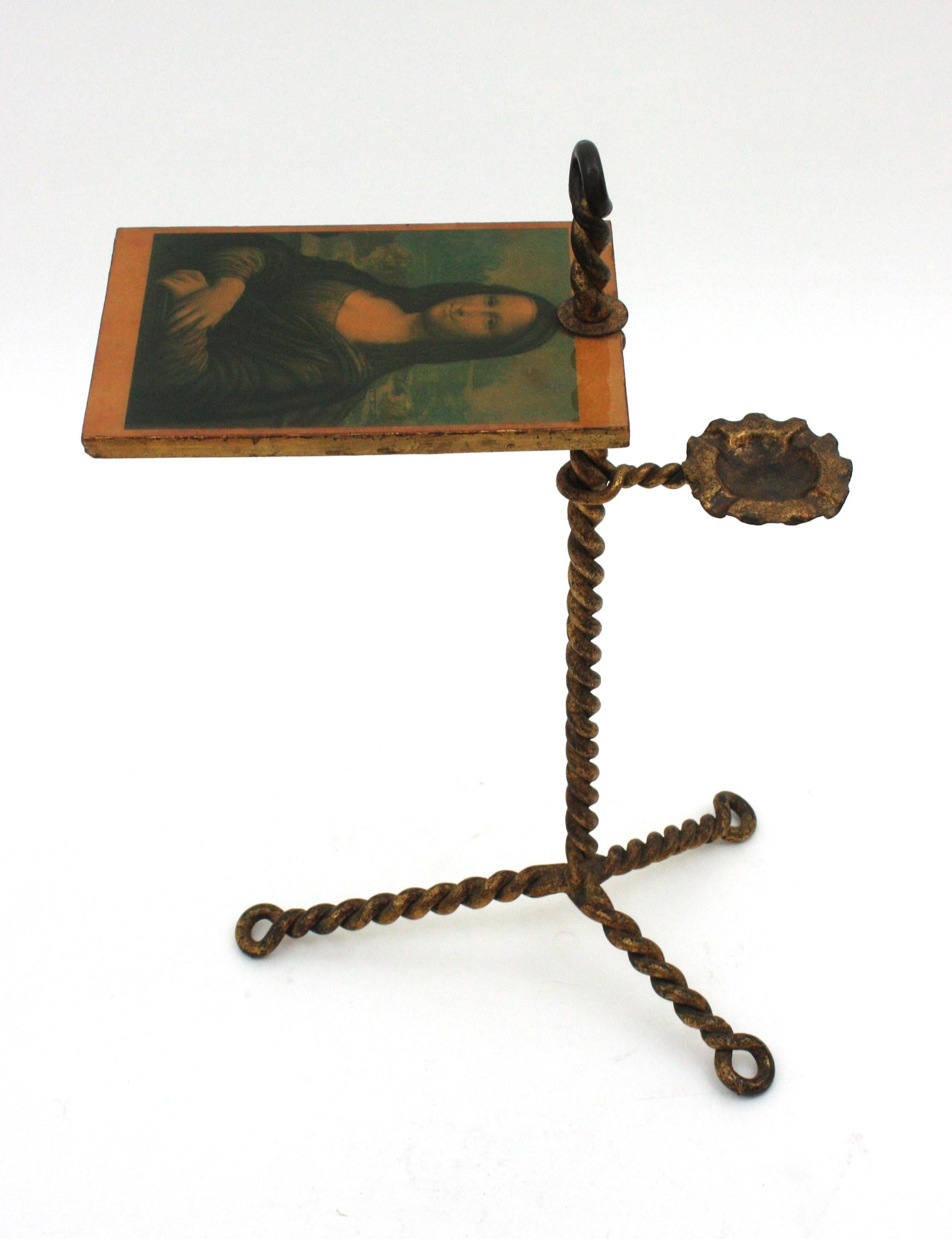 Spanish Tripod Drinks Table with Ashtray, Twisting Hand Forged Gilt Iron, 1940s For Sale 7