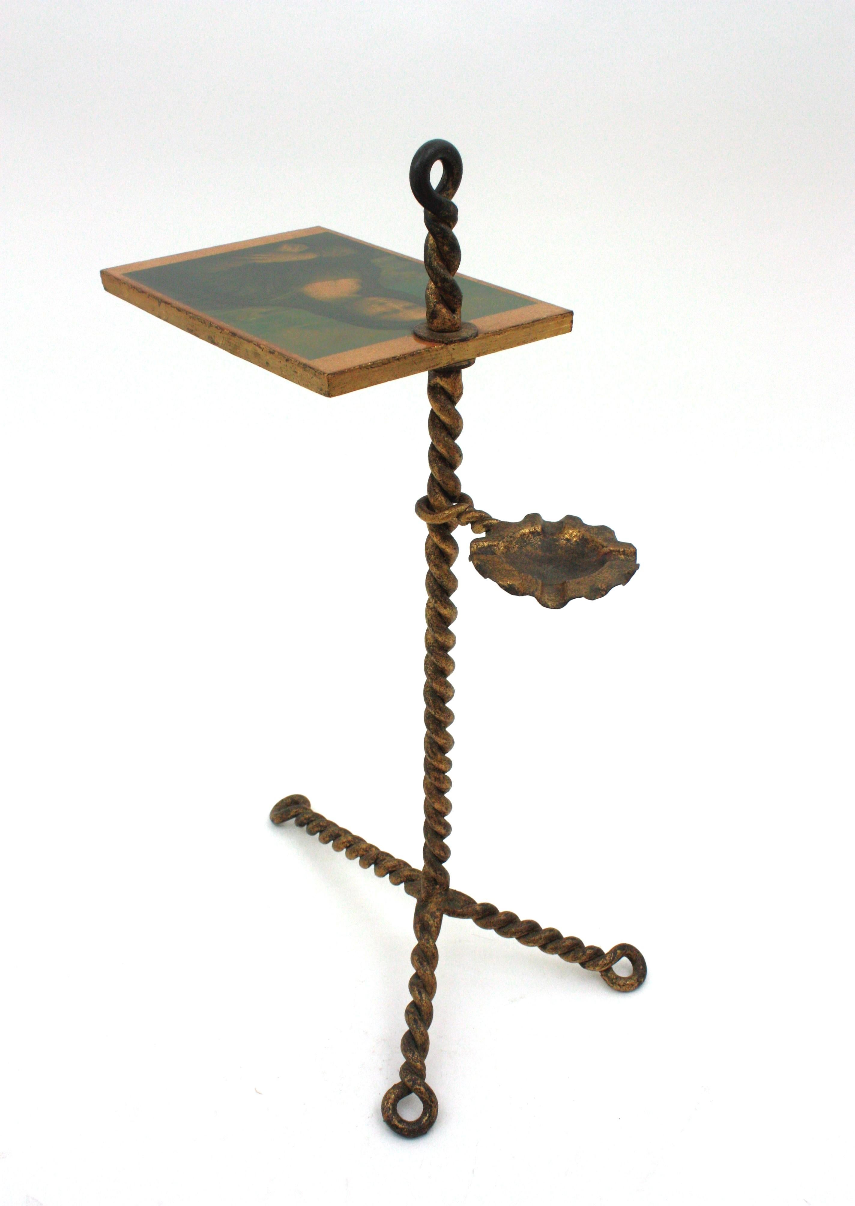 Spanish Tripod Drinks Table with Ashtray, Twisting Hand Forged Gilt Iron, 1940s For Sale 9