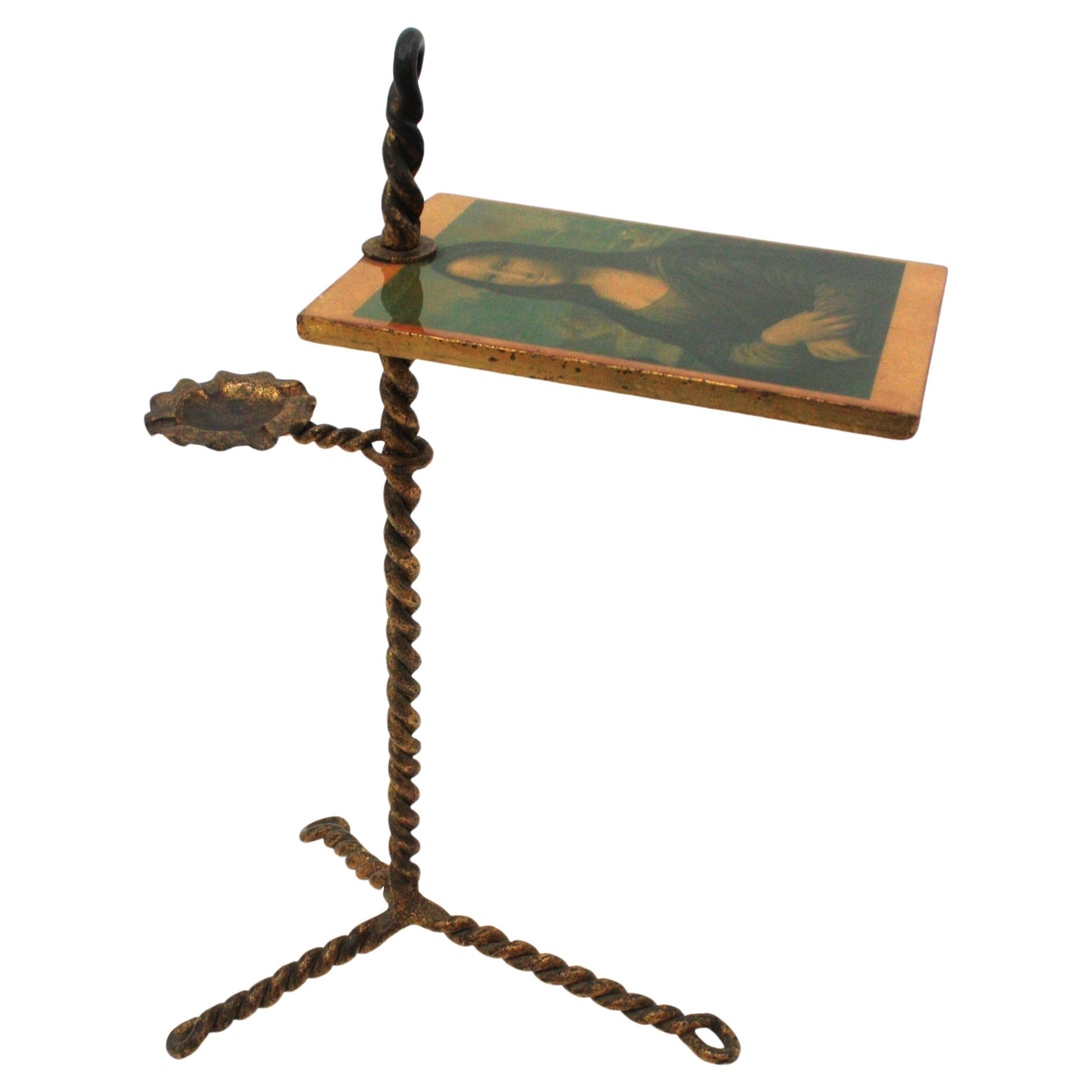 Metal Spanish Tripod Drinks Table with Ashtray, Twisting Hand Forged Gilt Iron, 1940s For Sale