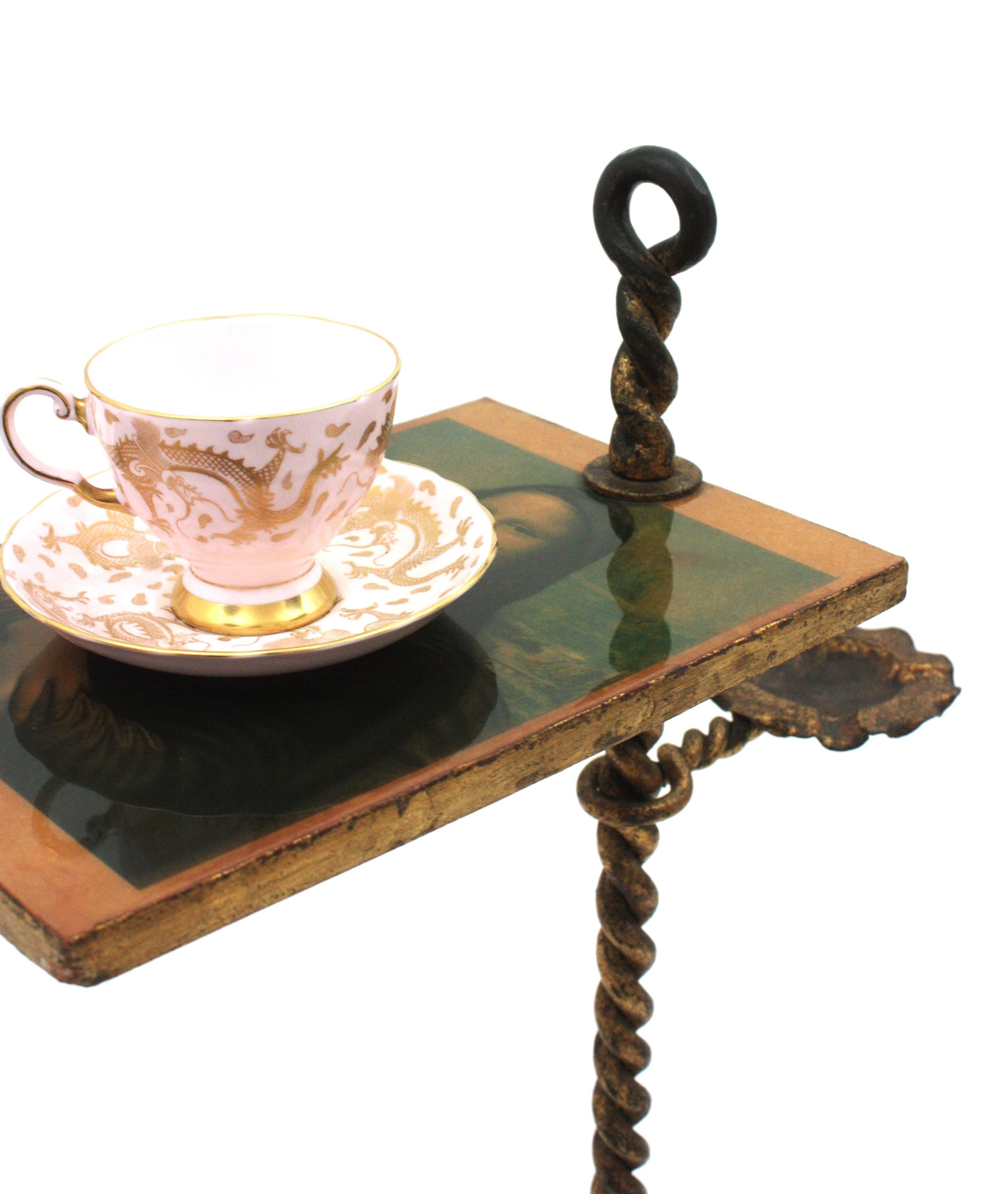 Spanish Tripod Drinks Table with Ashtray, Twisting Hand Forged Gilt Iron, 1940s For Sale 1