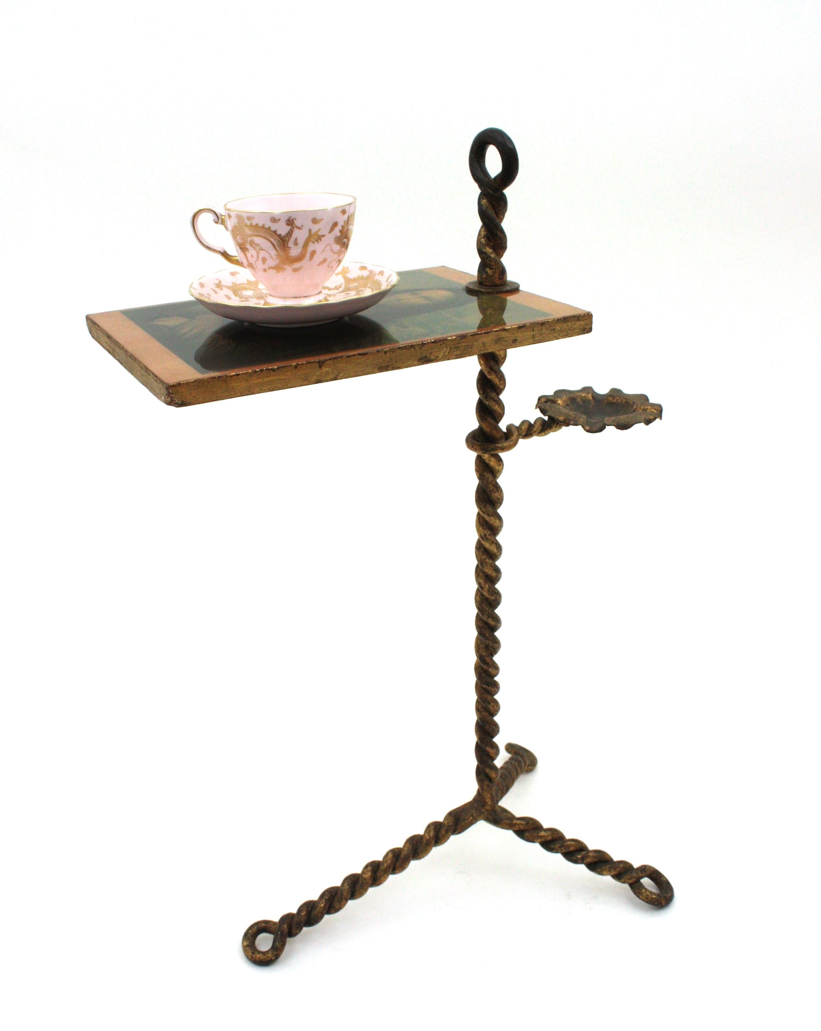Spanish Tripod Drinks Table with Ashtray, Twisting Hand Forged Gilt Iron, 1940s For Sale 2