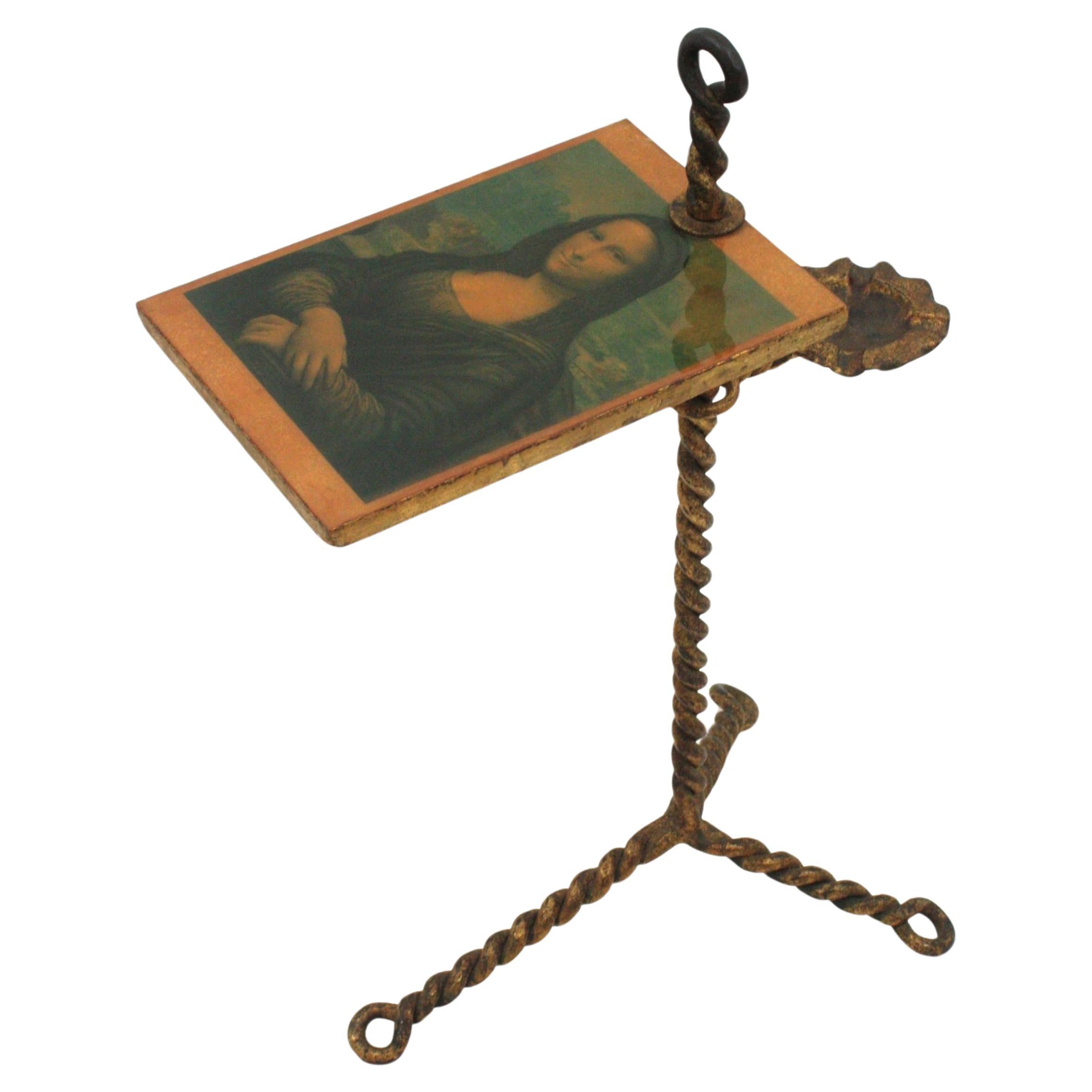 Spanish Tripod Drinks Table with Ashtray, Twisting Hand Forged Gilt Iron, 1940s For Sale