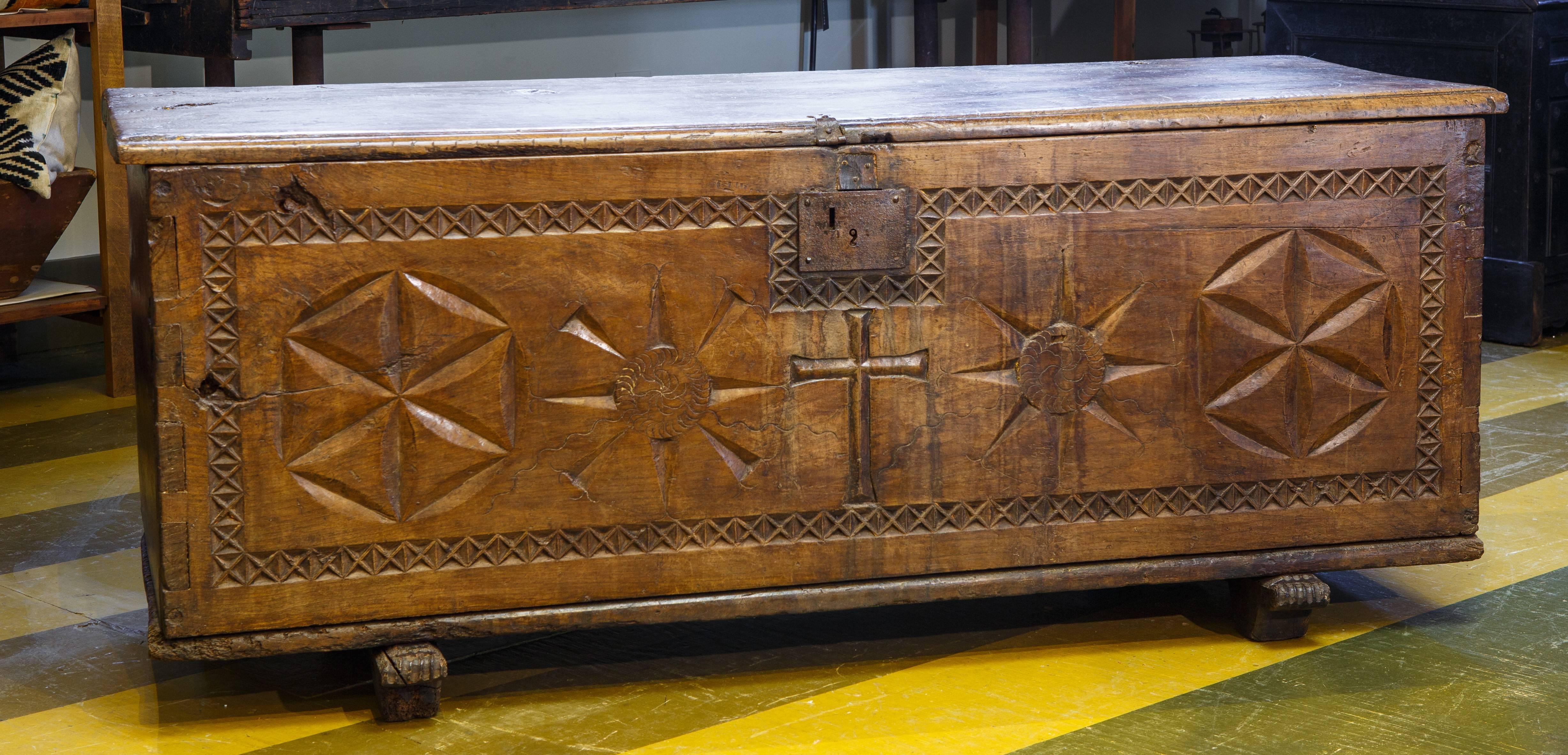 Hand-Carved Spanish Trunk/Chest with Wood-Hinged till and Original Forged Iron, circa 1680