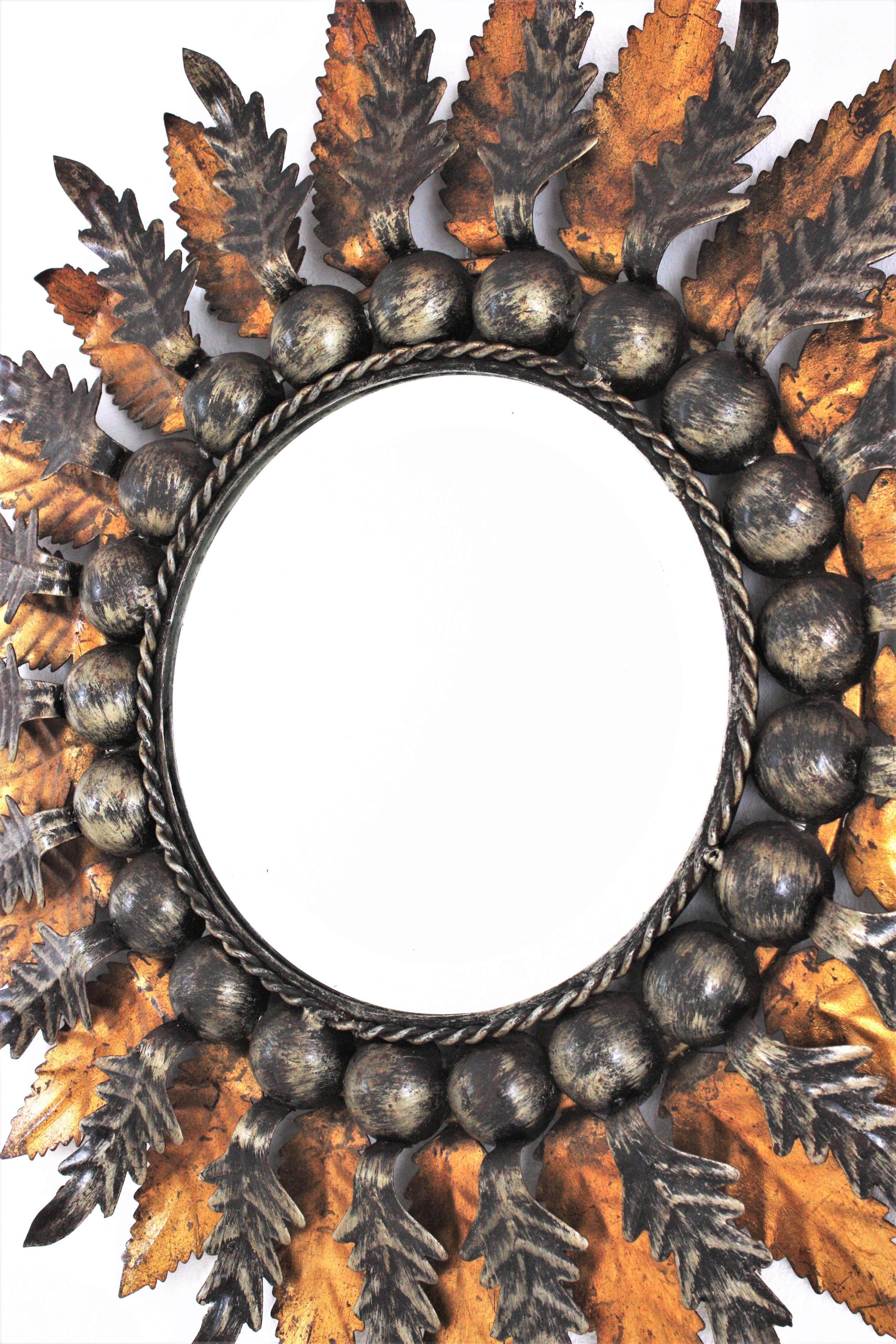 Spanish Baroque Foliage Sunburst Mirror in Gilt and Silvered Iron, 1960s For Sale 3