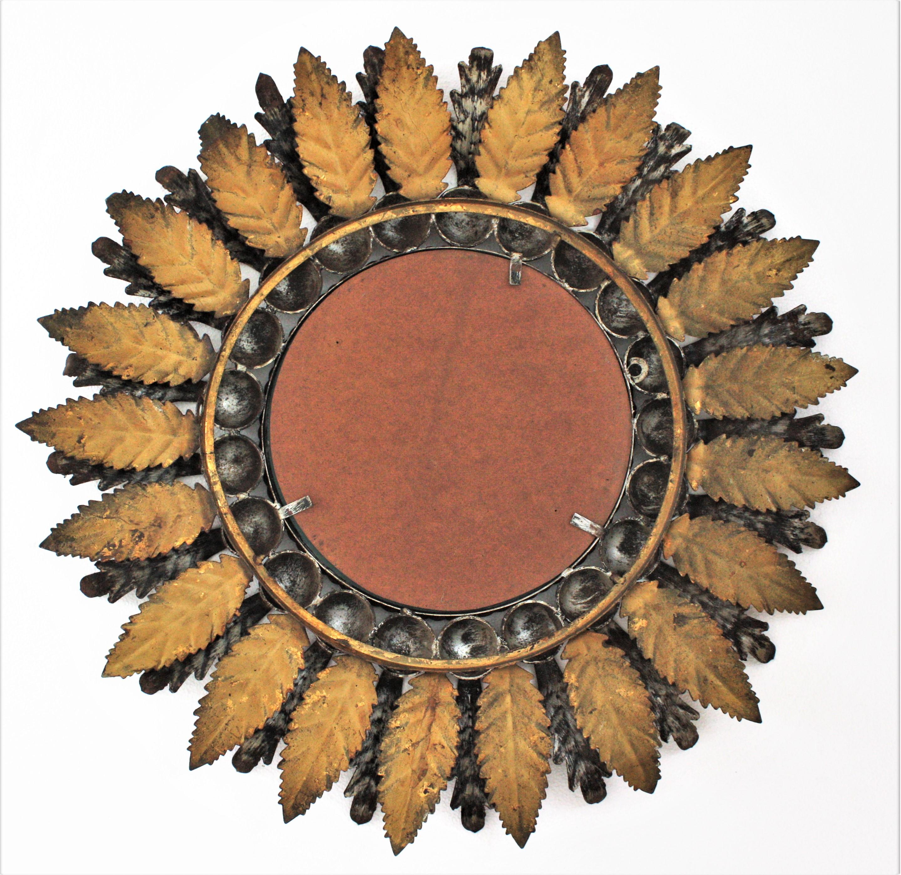 Spanish Baroque Foliage Sunburst Mirror in Gilt and Silvered Iron, 1960s For Sale 5