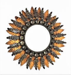 Sunburst Foliage Wall Mirror in Gilt and Silvered Iron, Spanish Baroque