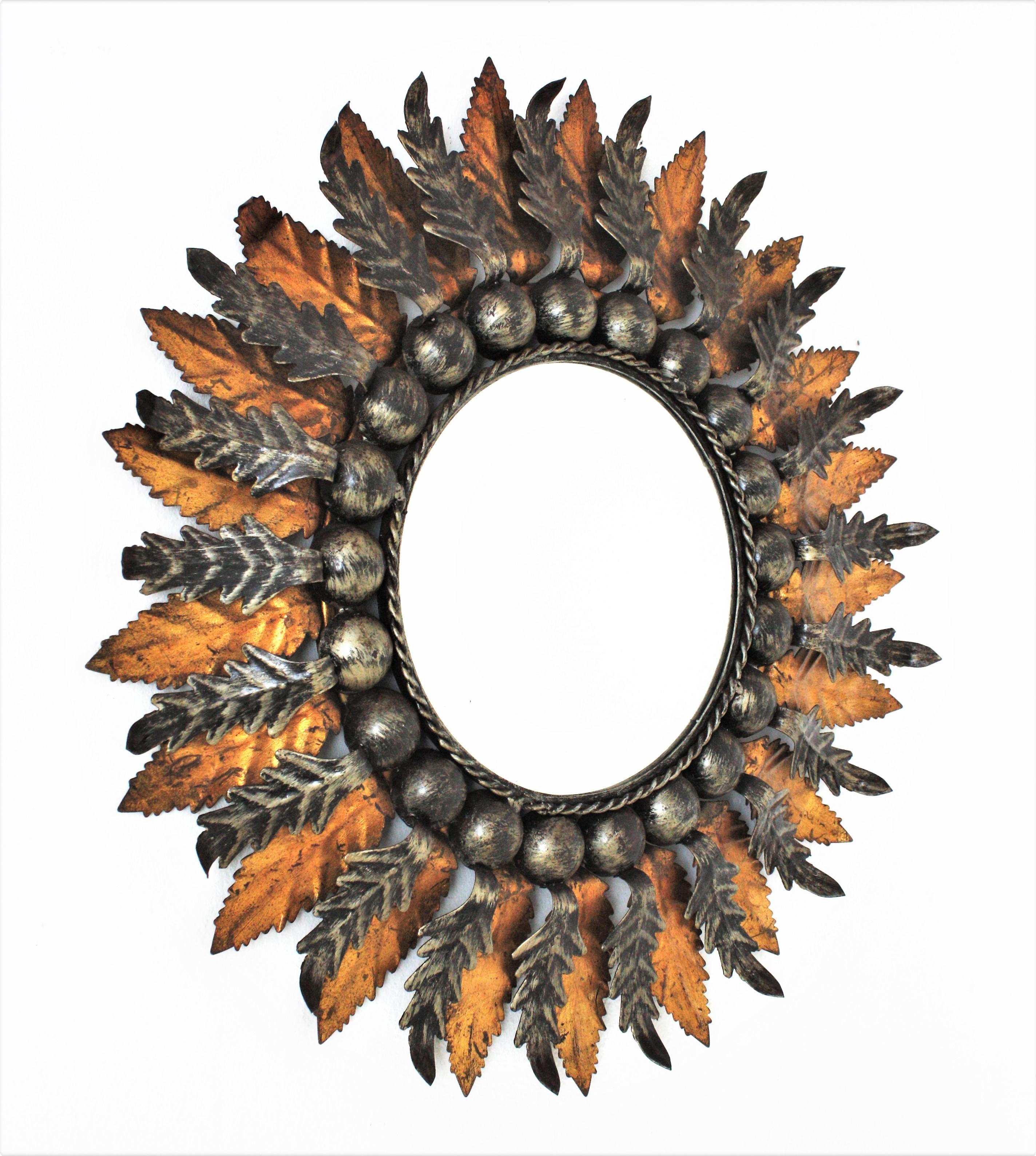 Mid-Century Modern Spanish Baroque Foliage Sunburst Mirror in Gilt and Silvered Iron, 1960s For Sale