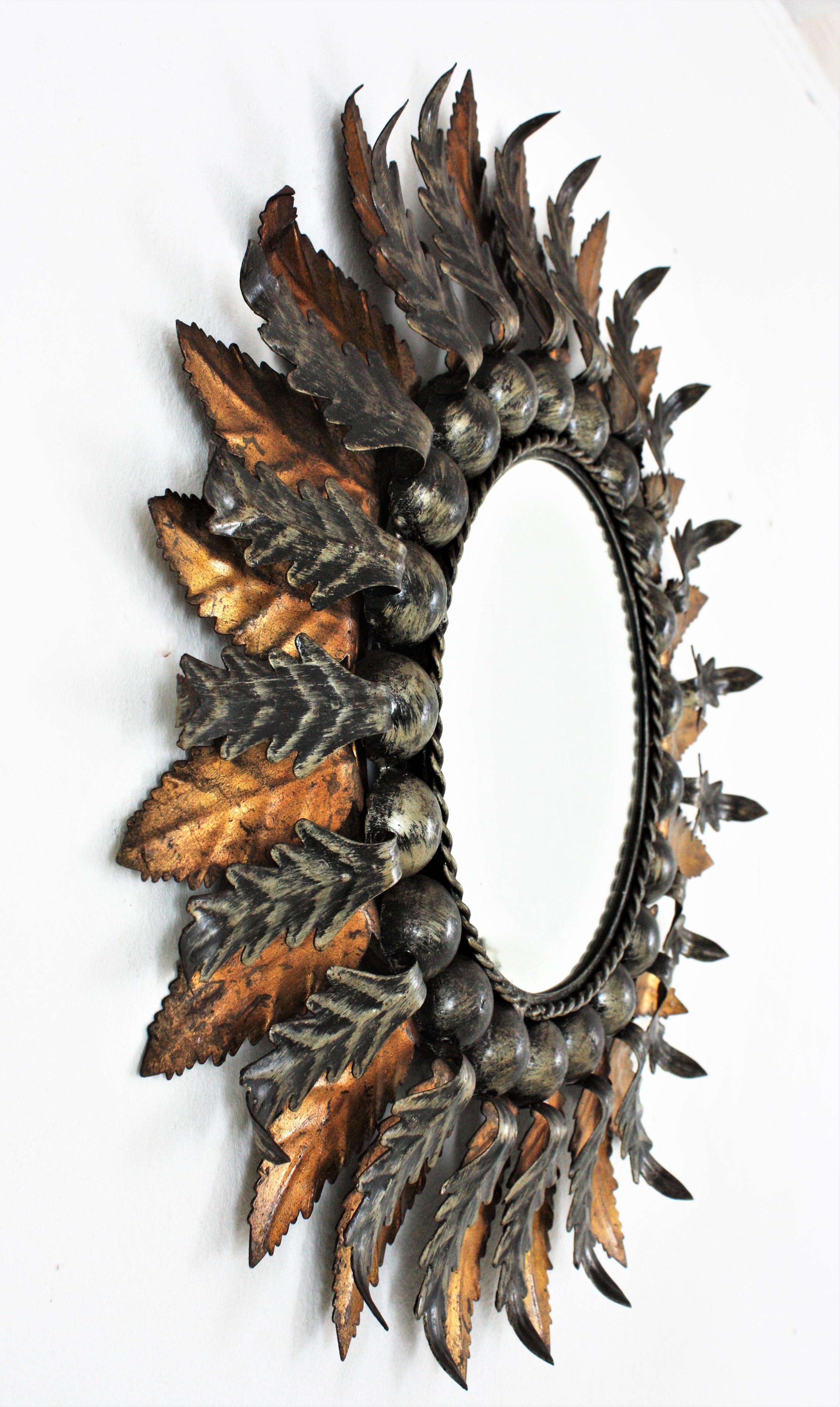 Hand-Crafted Spanish Baroque Foliage Sunburst Mirror in Gilt and Silvered Iron, 1960s For Sale